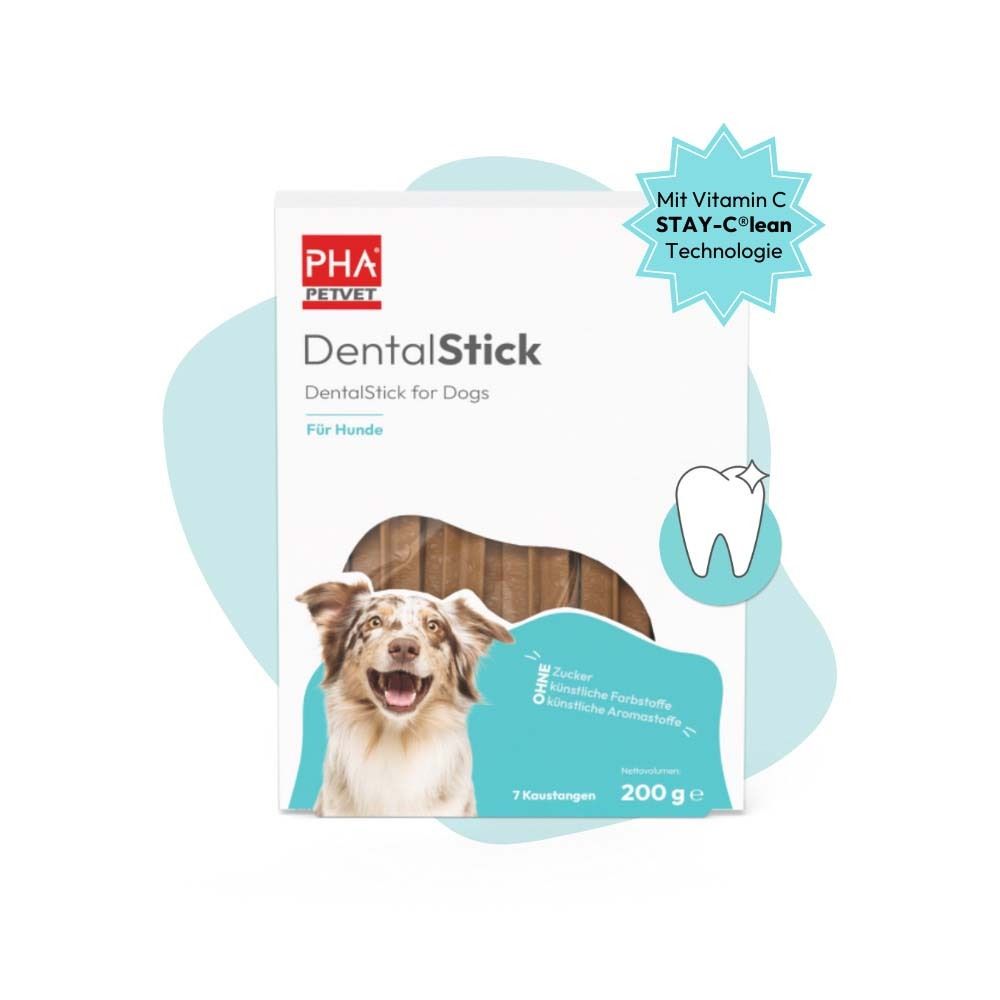 Emballage de PHA DentalStick pour chiens. Inscription: DentalStick, 200g. Avec vitamine C.
