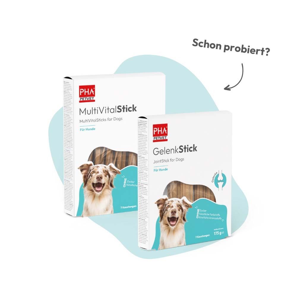 Deux emballages de produits PHA. MultiVitalStick et GelenkStick pour chiens.