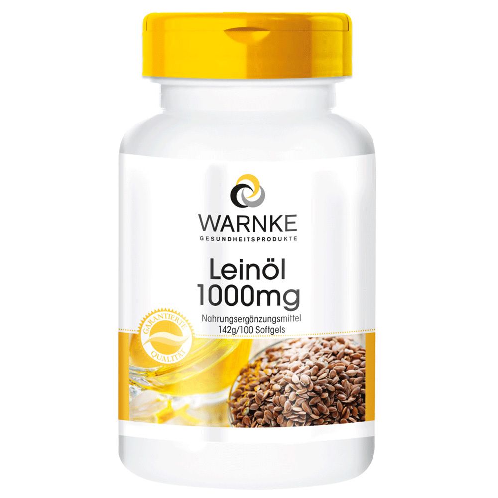 Weiße Flasche mit gelbem Deckel. Aufschrift: WARNKE Leinöl 1000mg. Abbildung von Leinsamen und Öl.
