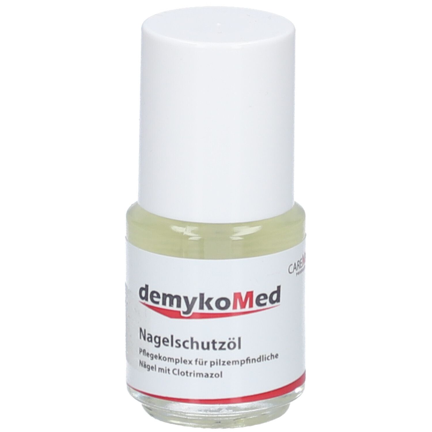 Flacon d'huile pour ongles avec bouchon blanc. Étiquette avec nom et logo du produit.