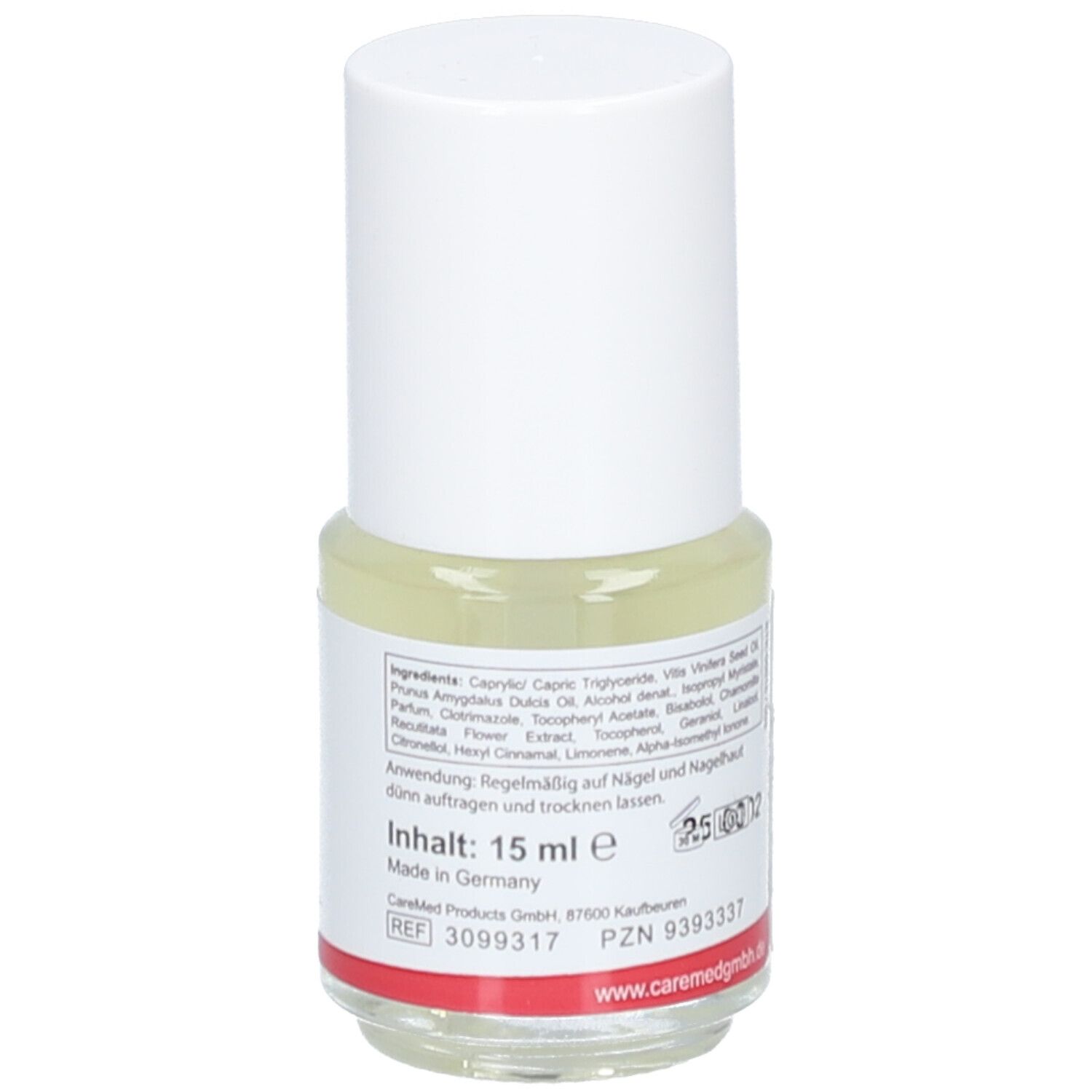 Flacon d'huile pour ongles avec bouchon blanc. Étiquette avec ingrédients et volume : 15 ml.
