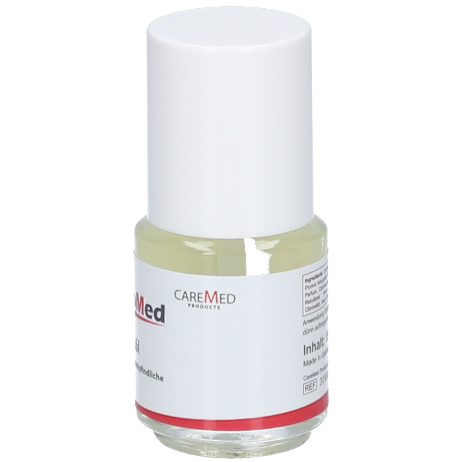 Flacon d'huile pour ongles avec bouchon blanc. Étiquette avec nom du produit et logo CAREMED.