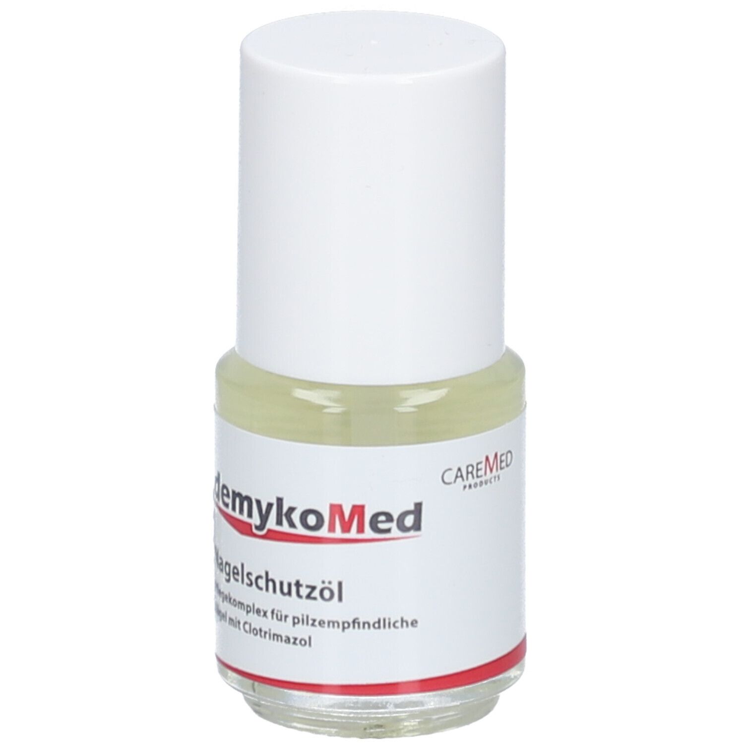 Flacon d'huile pour ongles avec bouchon blanc. Étiquette avec nom du produit et logo CAREMED.