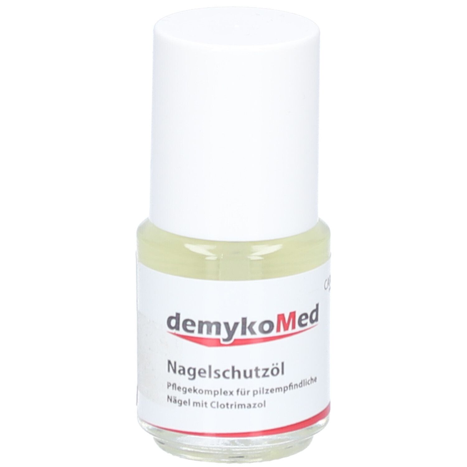 Flacon d'huile pour ongles avec bouchon blanc. Étiquette avec nom du produit et logo CAREMED.