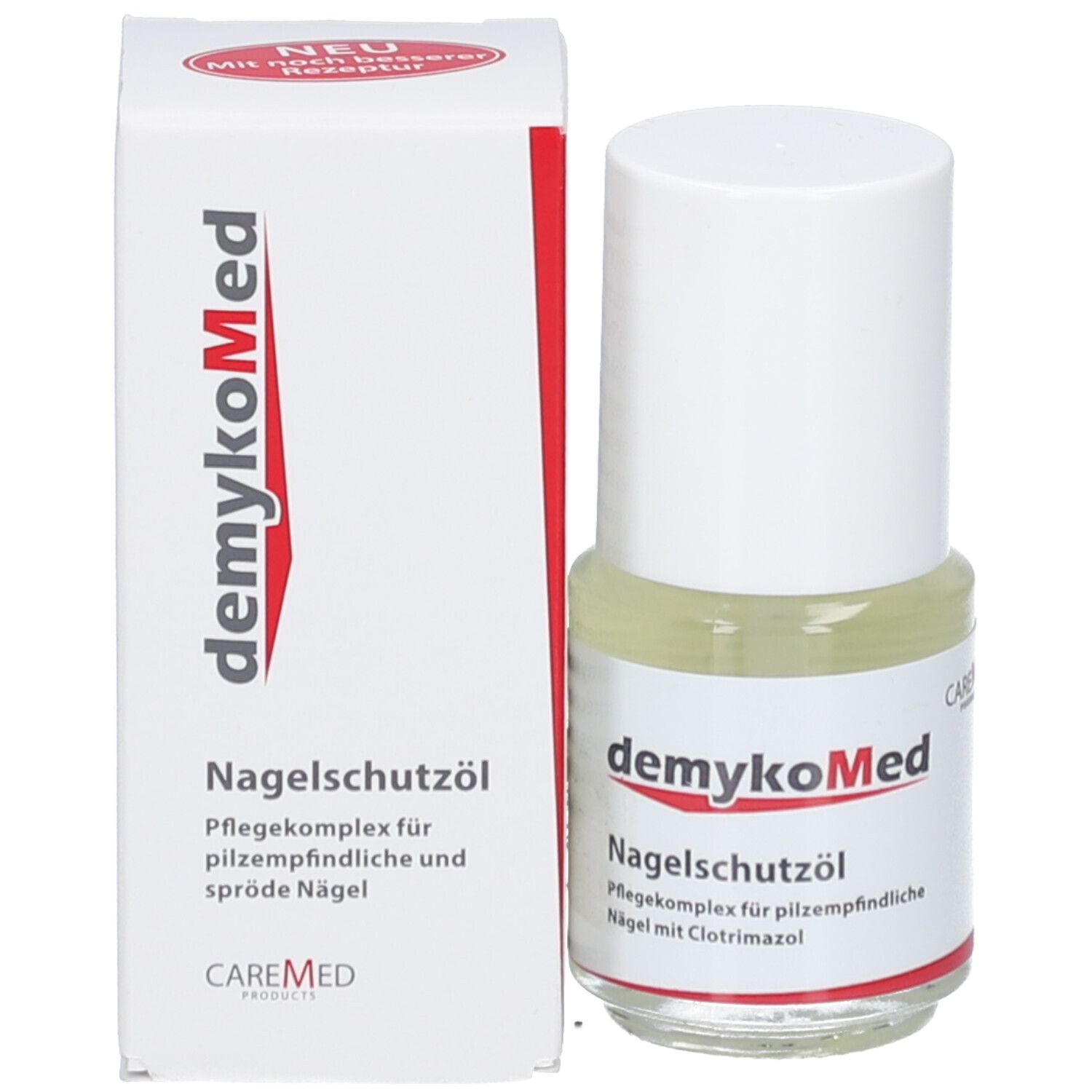 Flacon d'huile pour ongles à côté d'un emballage blanc. Le nom du produit est sur l'emballage.