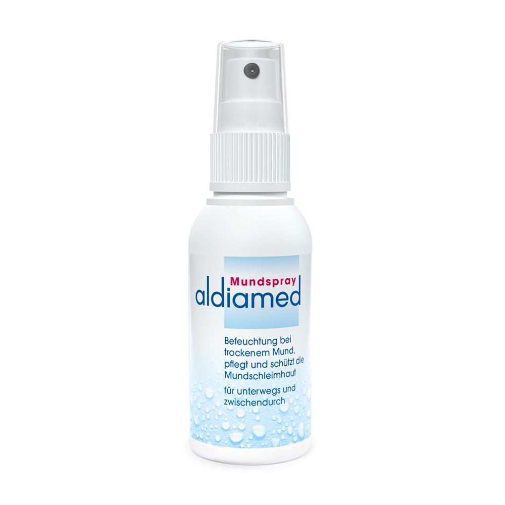 Aldiamed Mundspray Flasche mit Sprühkopf. Weiße Flasche mit blauer Schrift und Wassertropfen-Design.