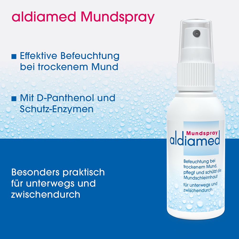 Aldiamed Mundspray Flasche mit Sprühkopf. Beschriftung: "Mundspray Aldiamed".