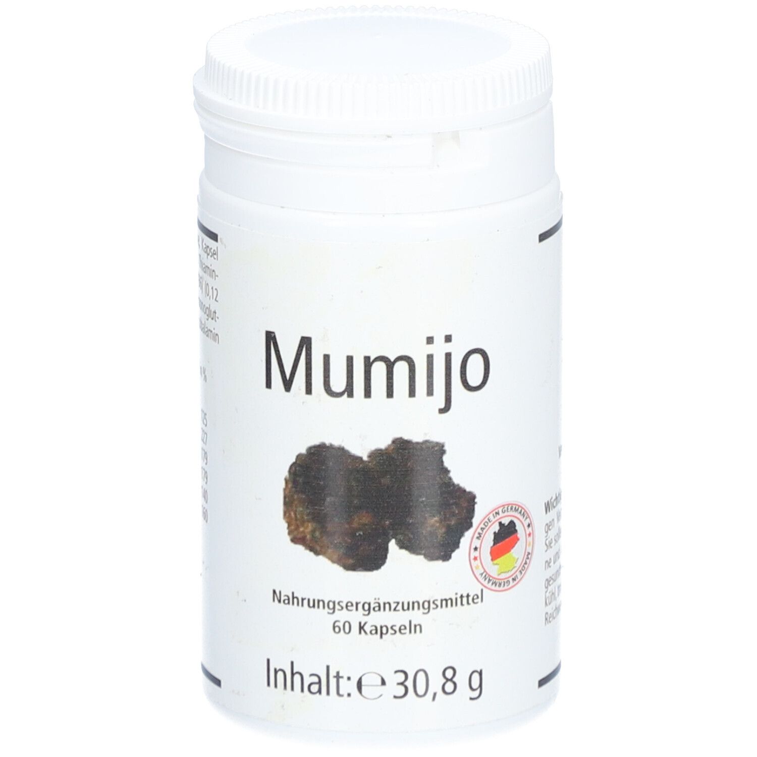 Boîte blanche avec inscription noire "Mumijo".  "Complément alimentaire" et "60 gélules". Contient 30,8 g. Avec le sceau allemand.