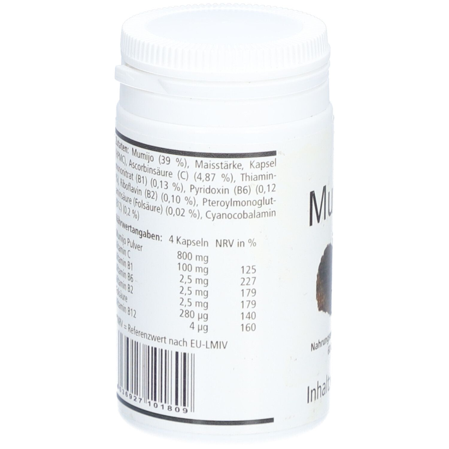 Boîte blanche avec informations nutritionnelles. Liste des ingrédients et valeurs nutritionnelles. Code-barres en bas. Texte en allemand.