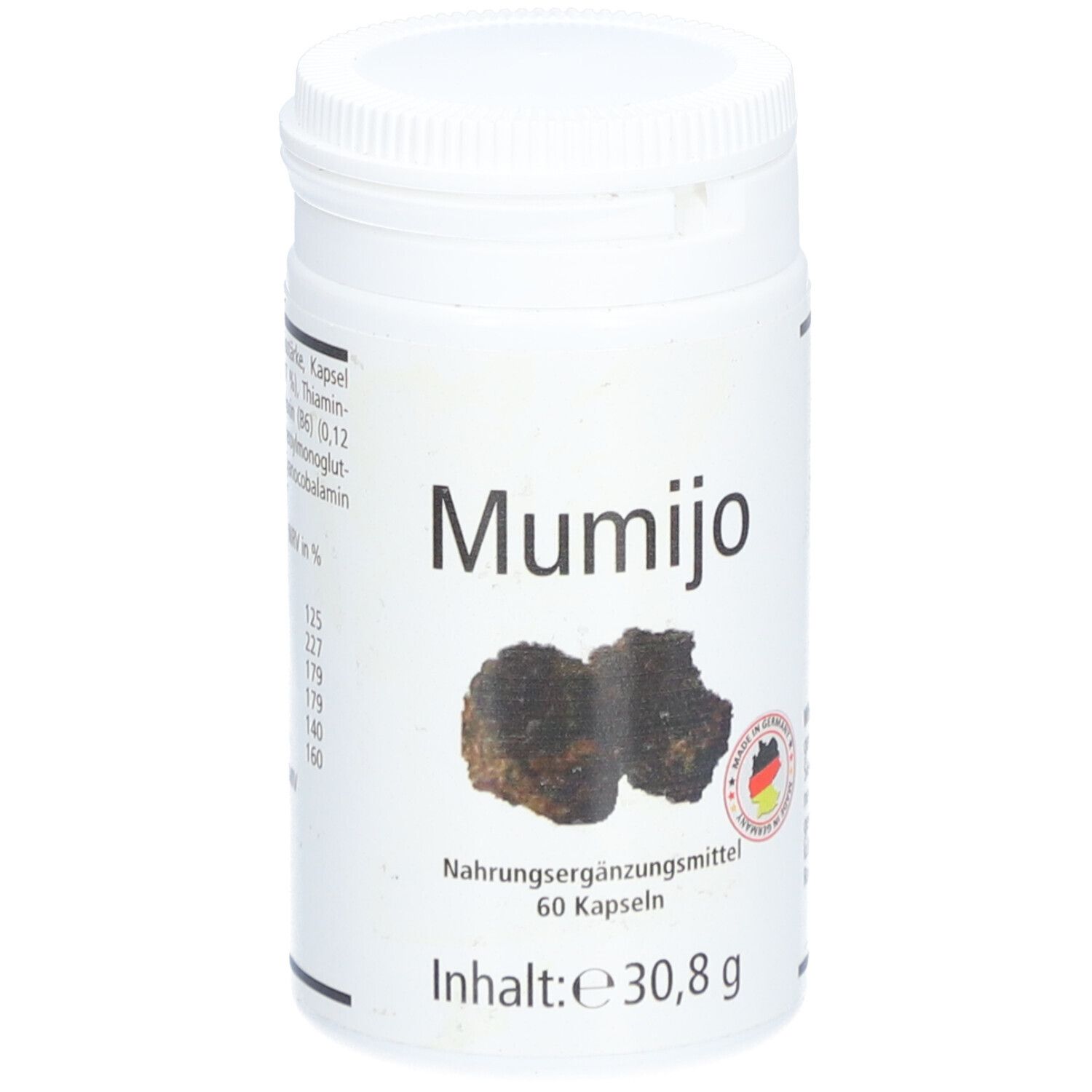 Boîte blanche avec inscription noire "Mumijo".  "Complément alimentaire" et "60 gélules". Contient 30,8 g. Avec le sceau allemand.