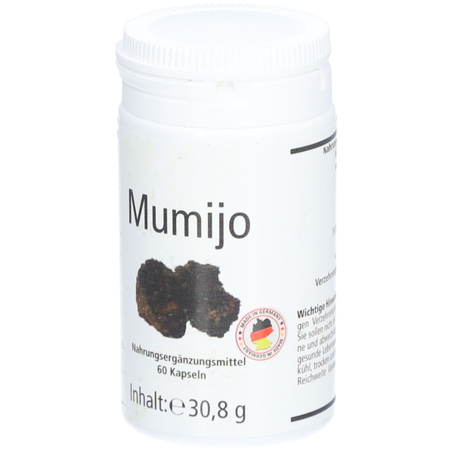 Boîte blanche avec inscription noire "Mumijo".  "Complément alimentaire" et "60 gélules". Contient 30,8 g. Avec le sceau allemand.