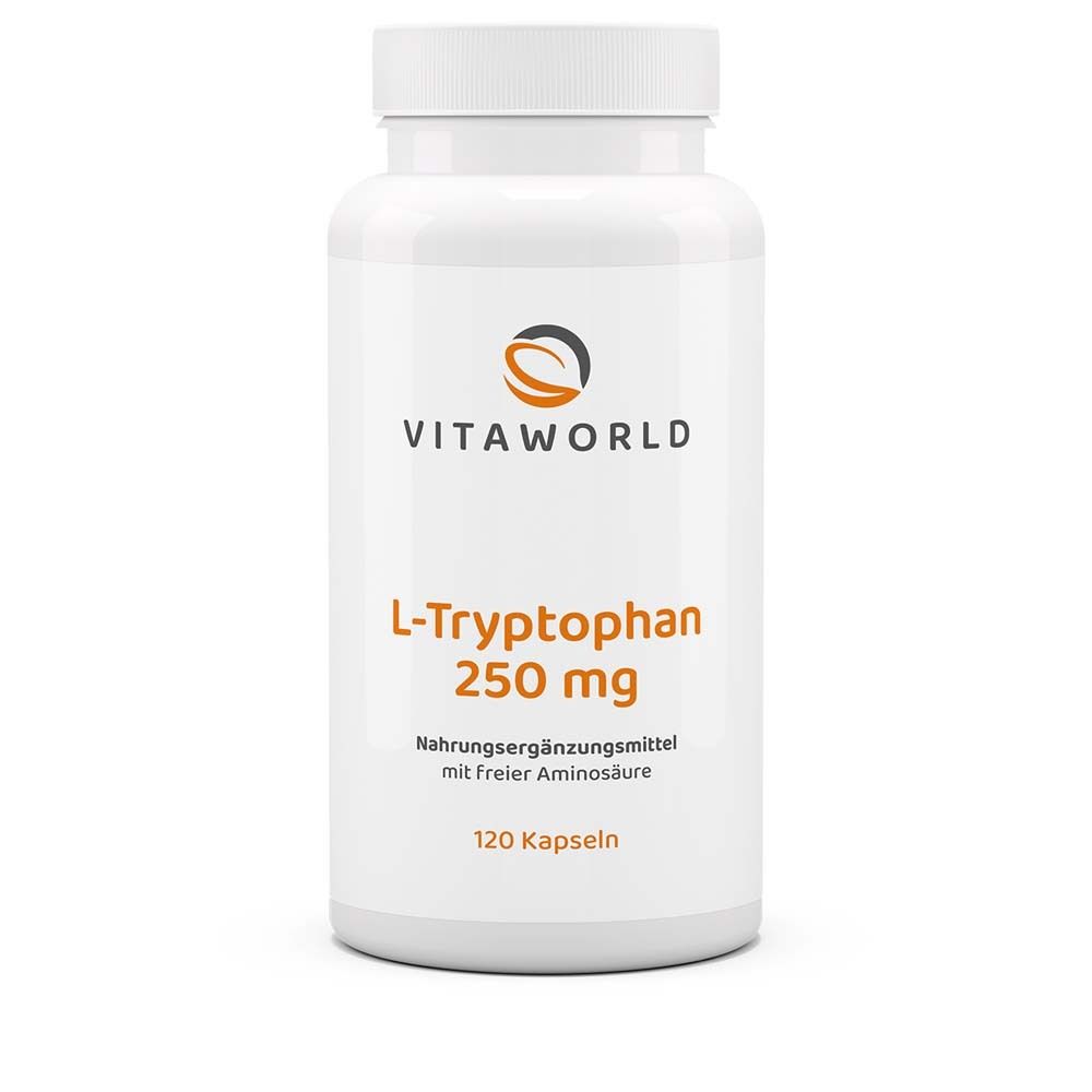 Flacon blanc avec texte orange. Contient L-Tryptophane 250 mg. Marque : Vitaworld. 120 gélules.