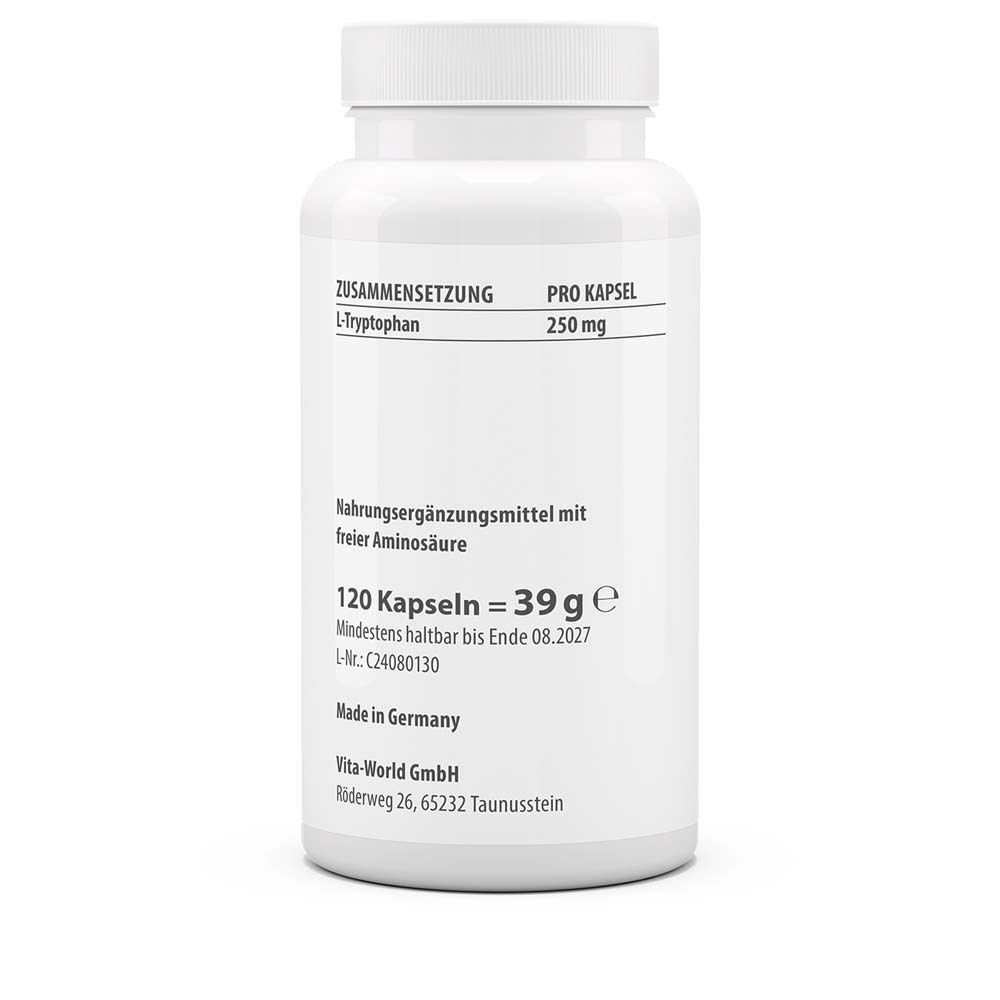 Dos de la bouteille avec texte. Contient L-Tryptophane 250 mg par gélule. 120 gélules = 39 g. A consommer de préférence avant 08.2027.