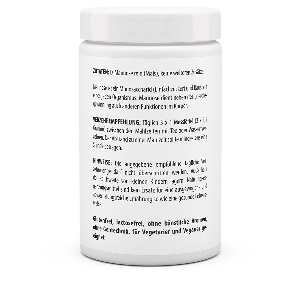 Rückseite des weißen Supplement-Behälters. Text über Inhaltsstoffe, Verzehrempfehlung und Hinweise.