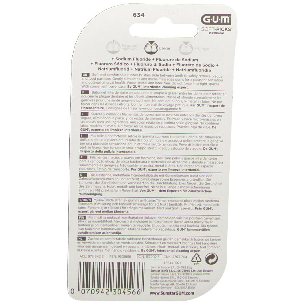 Verpackung mit Produktinformationen. Marke: GUM Soft-Picks. Enthält Natriumfluorid. Größe: Large.
