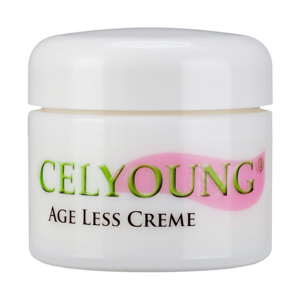 Weißer Tiegel mit Deckel. Aufschrift CELYOUNG AGE LESS CREME in Grün und Schwarz auf rosa Hintergrund.
