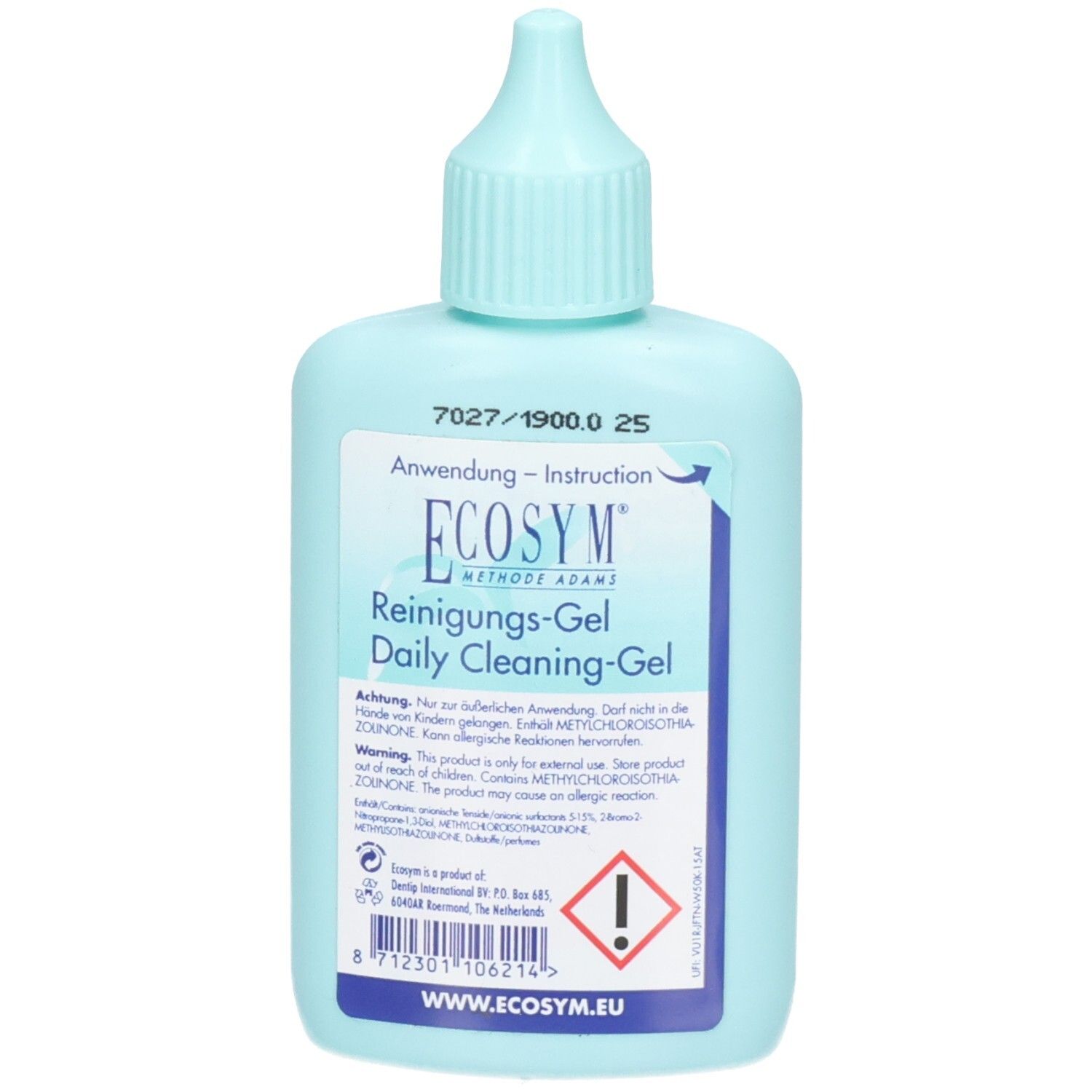Rückseite der ECOSYM Reinigungs-Gel Flasche mit Anwendungshinweisen und Warnsymbolen.