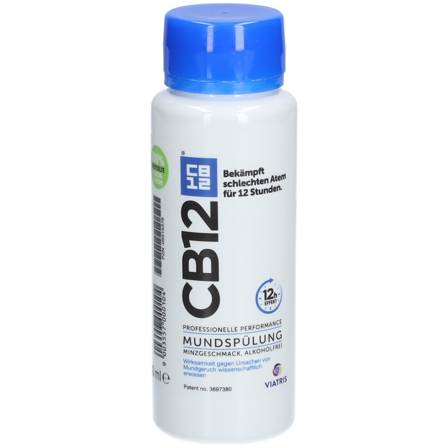 CB12 Mundspülung Flasche mit blauem Deckel. Aufschrift: Bekämpft schlechten Atem für 12 Stunden. Professionelle Performance, Minzgeschmack, alkoholfrei.