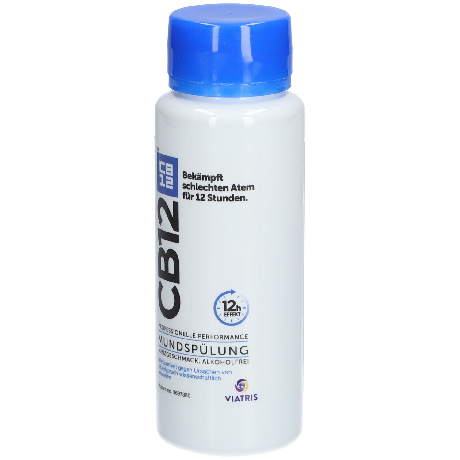 CB12 Mundspülung Flasche mit blauem Deckel. Aufschrift: Bekämpft schlechten Atem für 12 Stunden. Professionelle Performance, Minzgeschmack, alkoholfrei.