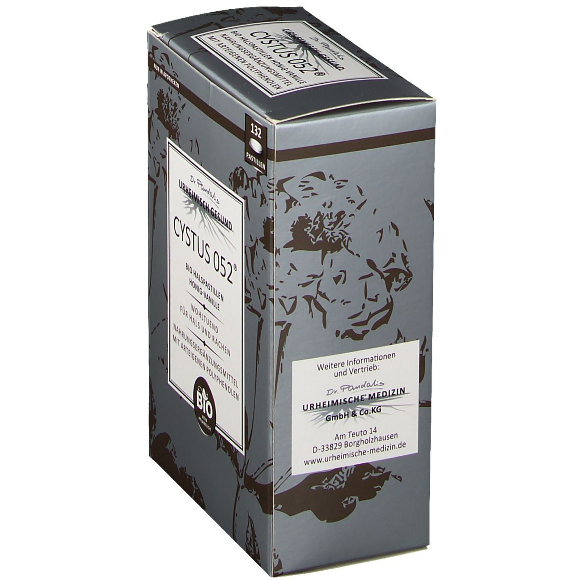 Boîte de pastilles pour la gorge Cystus 052 Bio Honig-Vanille. Inscription : Dr. Pandalis, urheimisch gesund. 132 pastilles. Adresse : Urheimische Medizin.