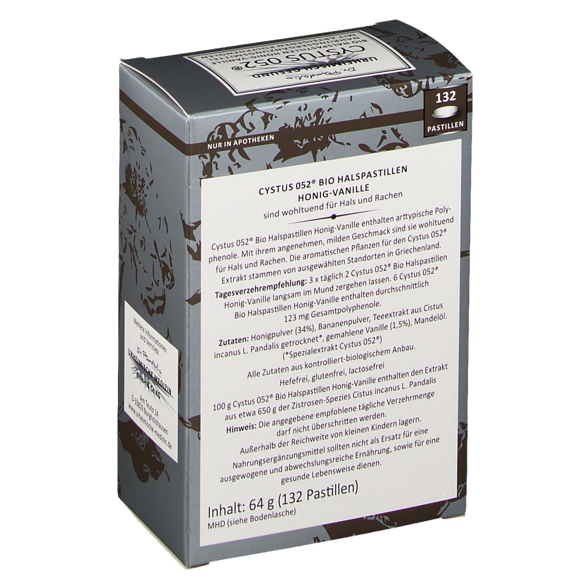 Dos de la boîte de pastilles pour la gorge Cystus 052 Bio Honig-Vanille. Texte sur les ingrédients et l'utilisation. Label bio. 132 pastilles. DLUO.