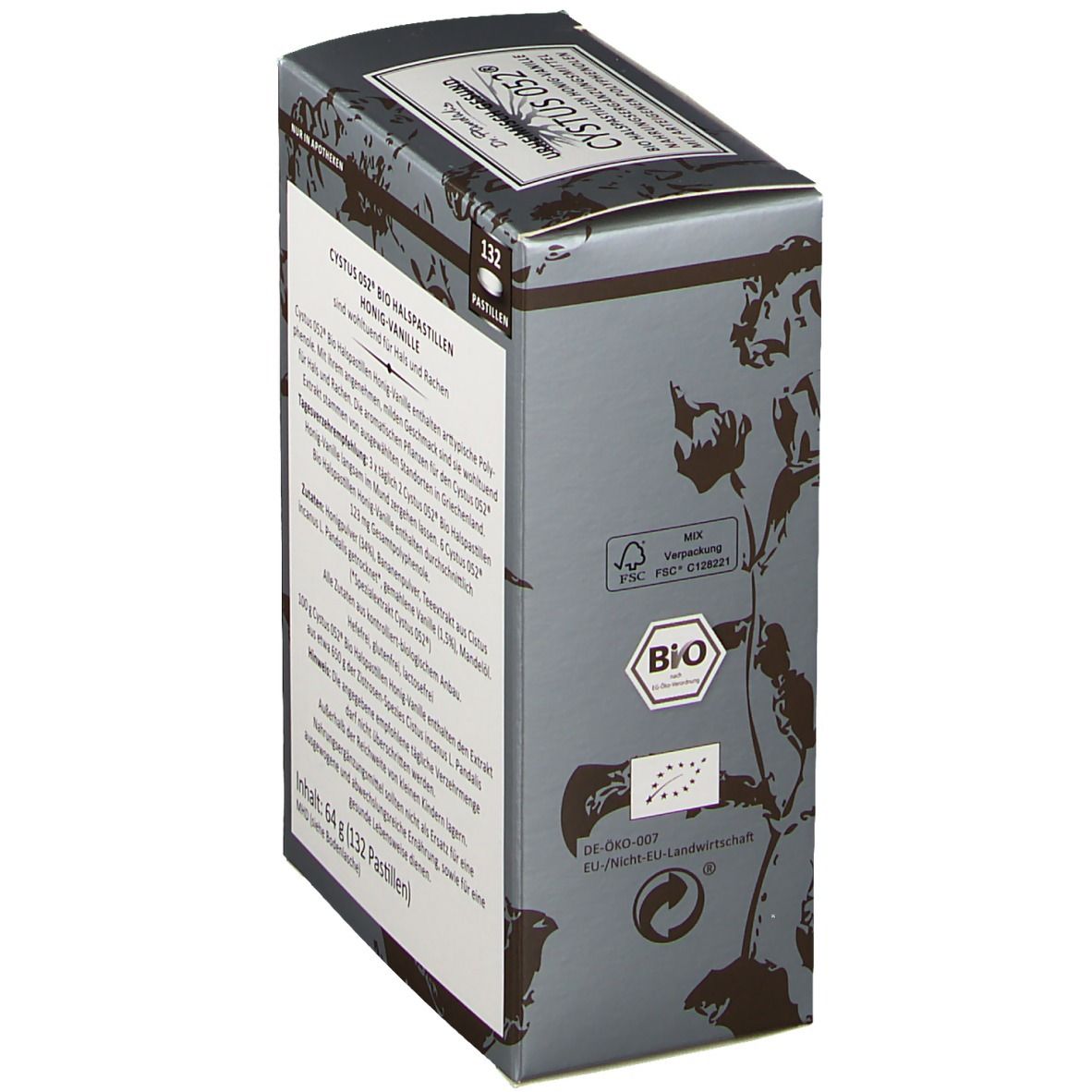 Boîte de pastilles pour la gorge Cystus 052 Bio Honig-Vanille. Label bio. Label FSC. 132 pastilles. Inscription : Dr. Pandalis, urheimisch gesund.