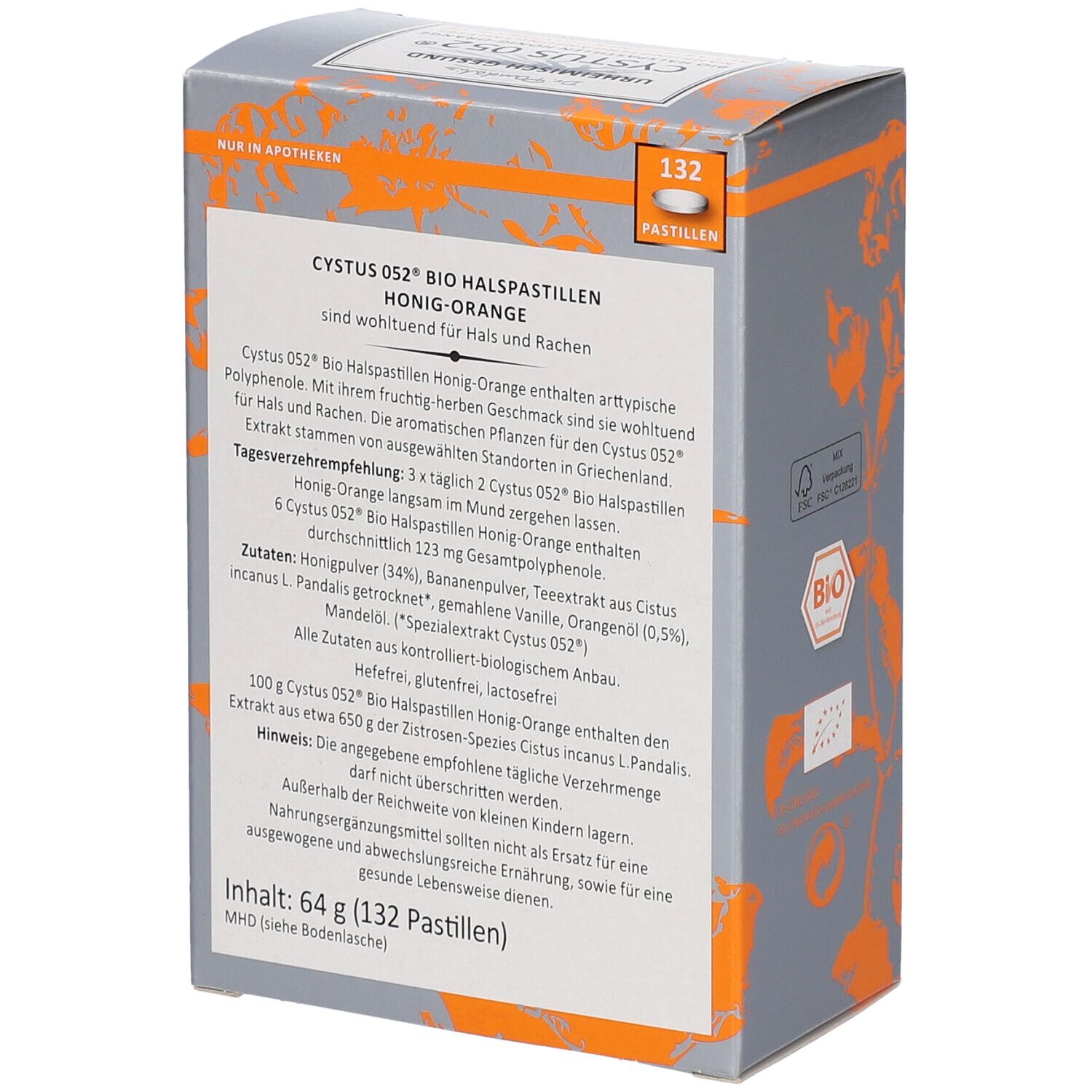 Emballage avec texte. Inscription : Cystus 052 Bio Pastilles pour la gorge Miel-Orange. Ingrédients, informations fabricant.