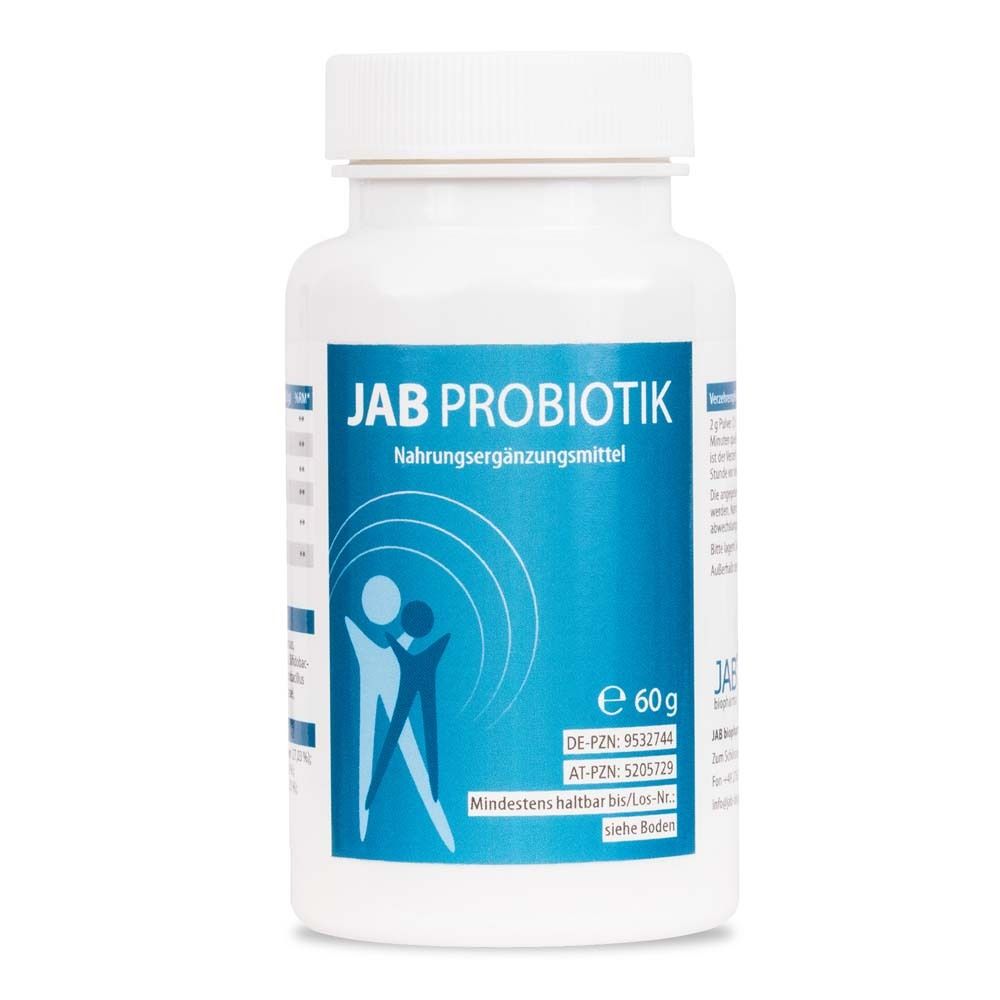 Weiße Flasche mit blauem Etikett. Aufschrift: JAB PROBIOTIK. Nahrungsergänzungsmittel. 60g. Logo mit zwei Personen.