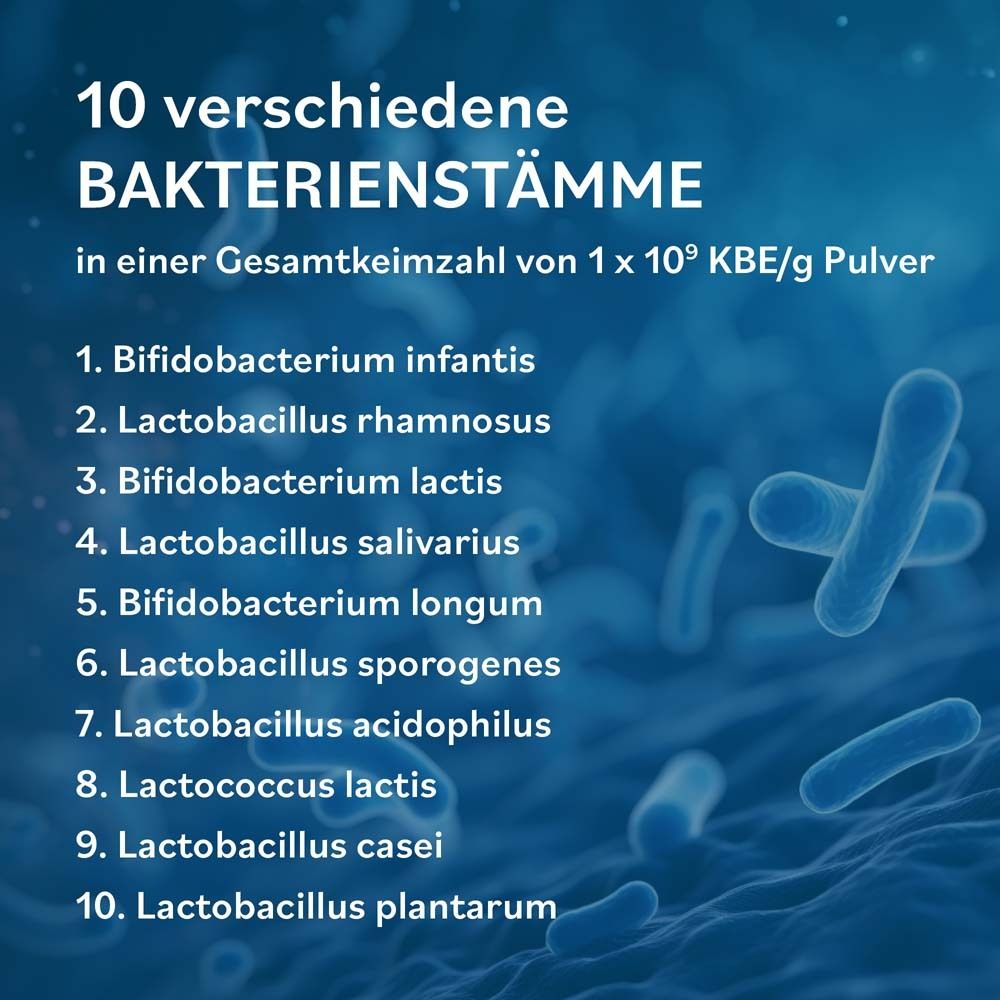 Liste mit 10 Bakterienstämmen. Gesamtkeimzahl 1 x 10^9 KBE/g Pulver. Namen der Bakterien.