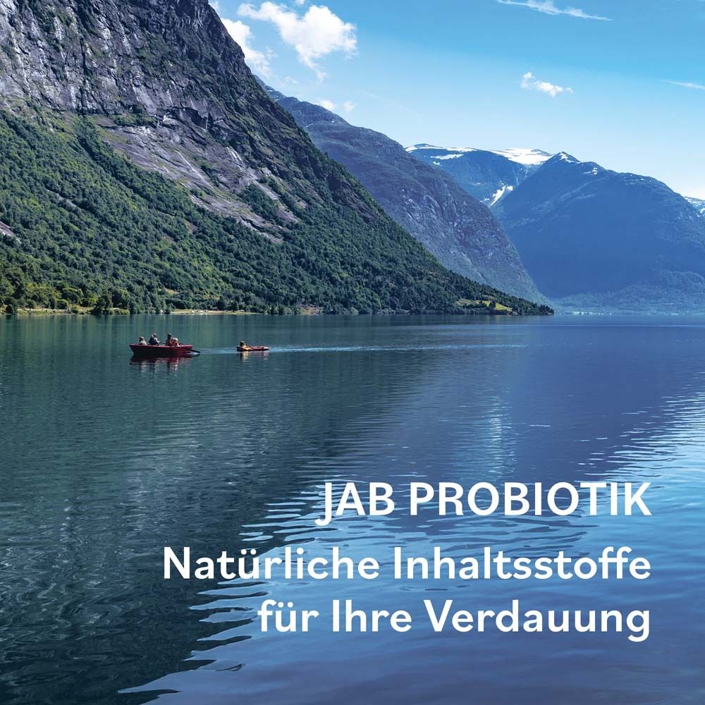 Paysage avec lac et montagnes. Inscription : JAB PROBIOTIK, Ingrédients naturels pour votre digestion.