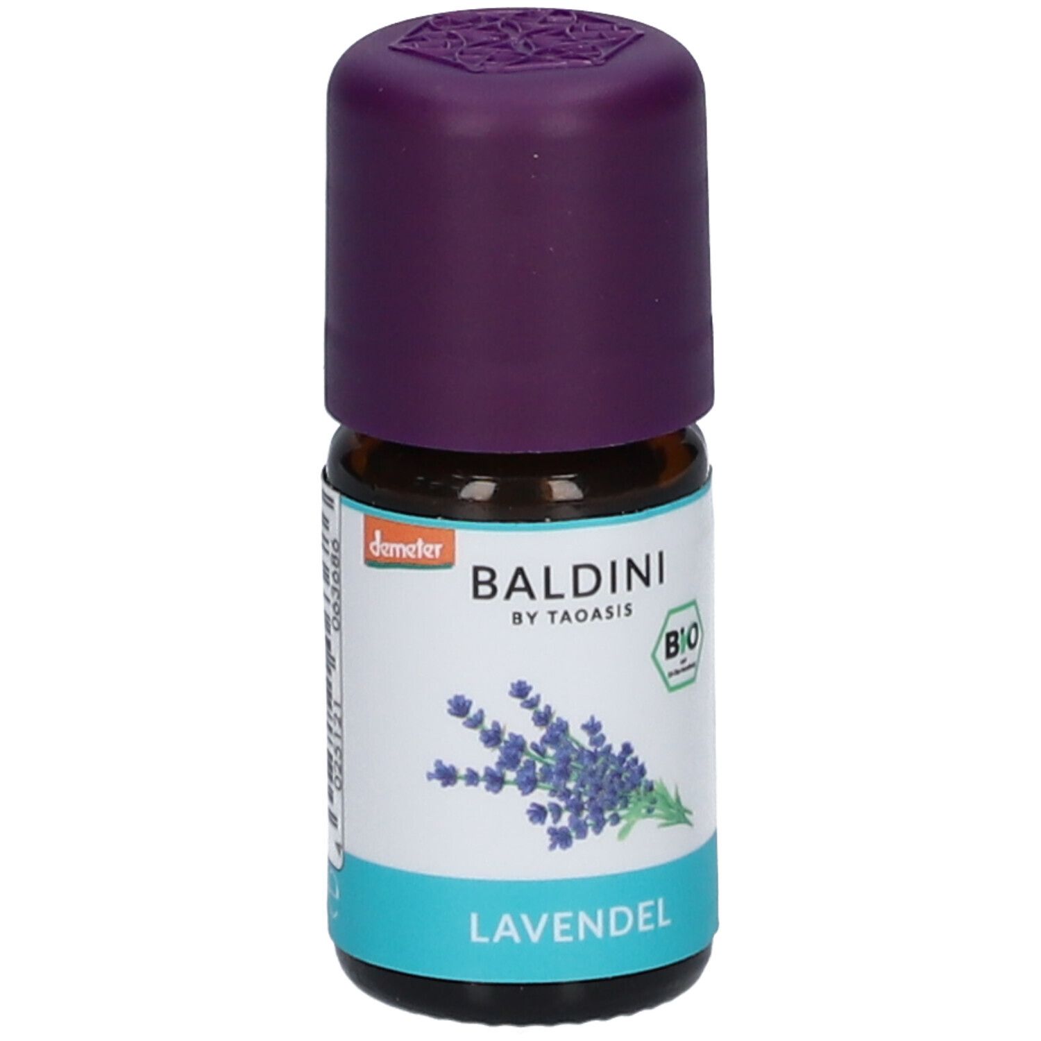 BALDINI Lavendel Aromaöl Flasche mit lila Verschluss und Lavendelmotiv.