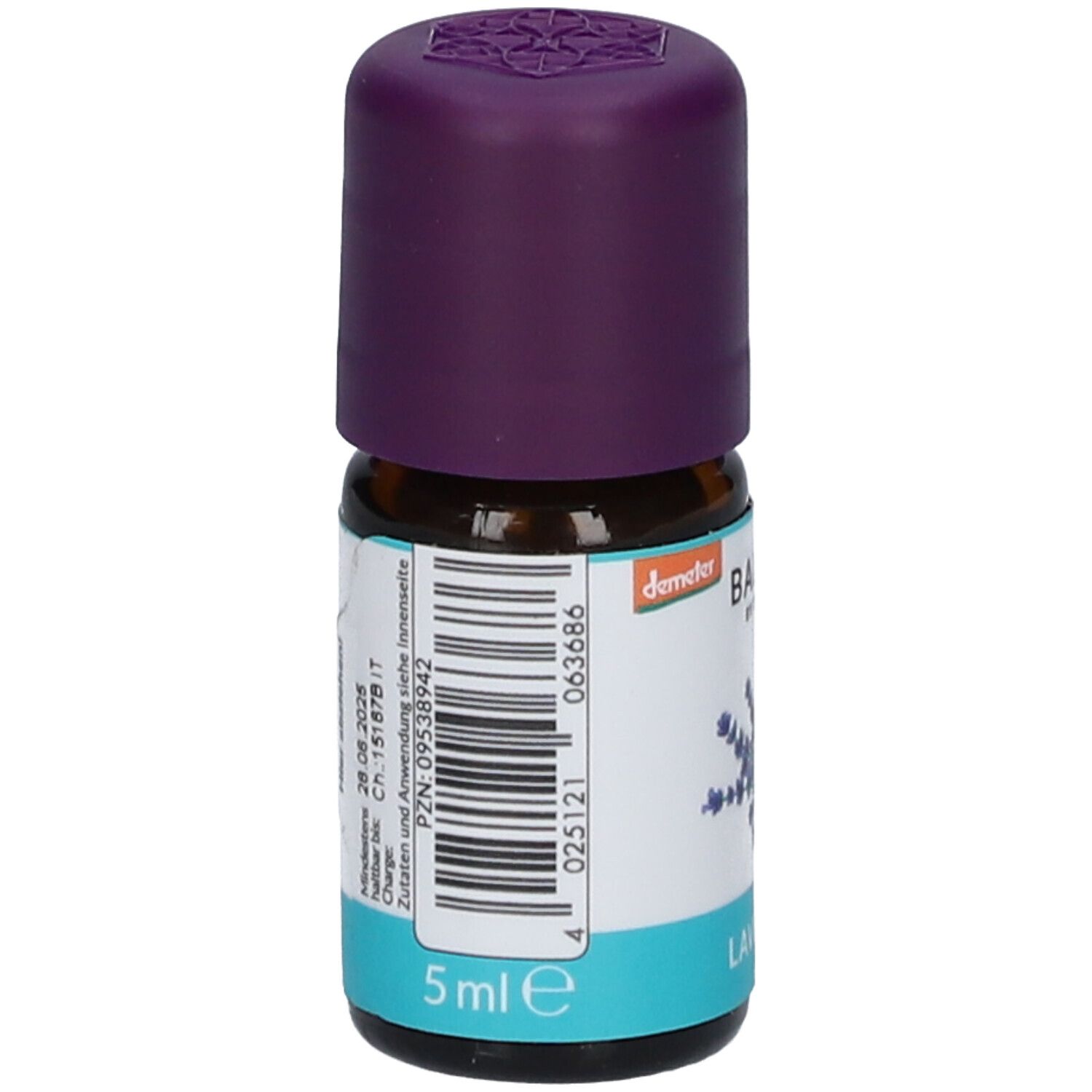 BALDINI Lavendel Aromaöl Flasche, Rückseite mit Etikett, Barcode und 5ml Angabe.