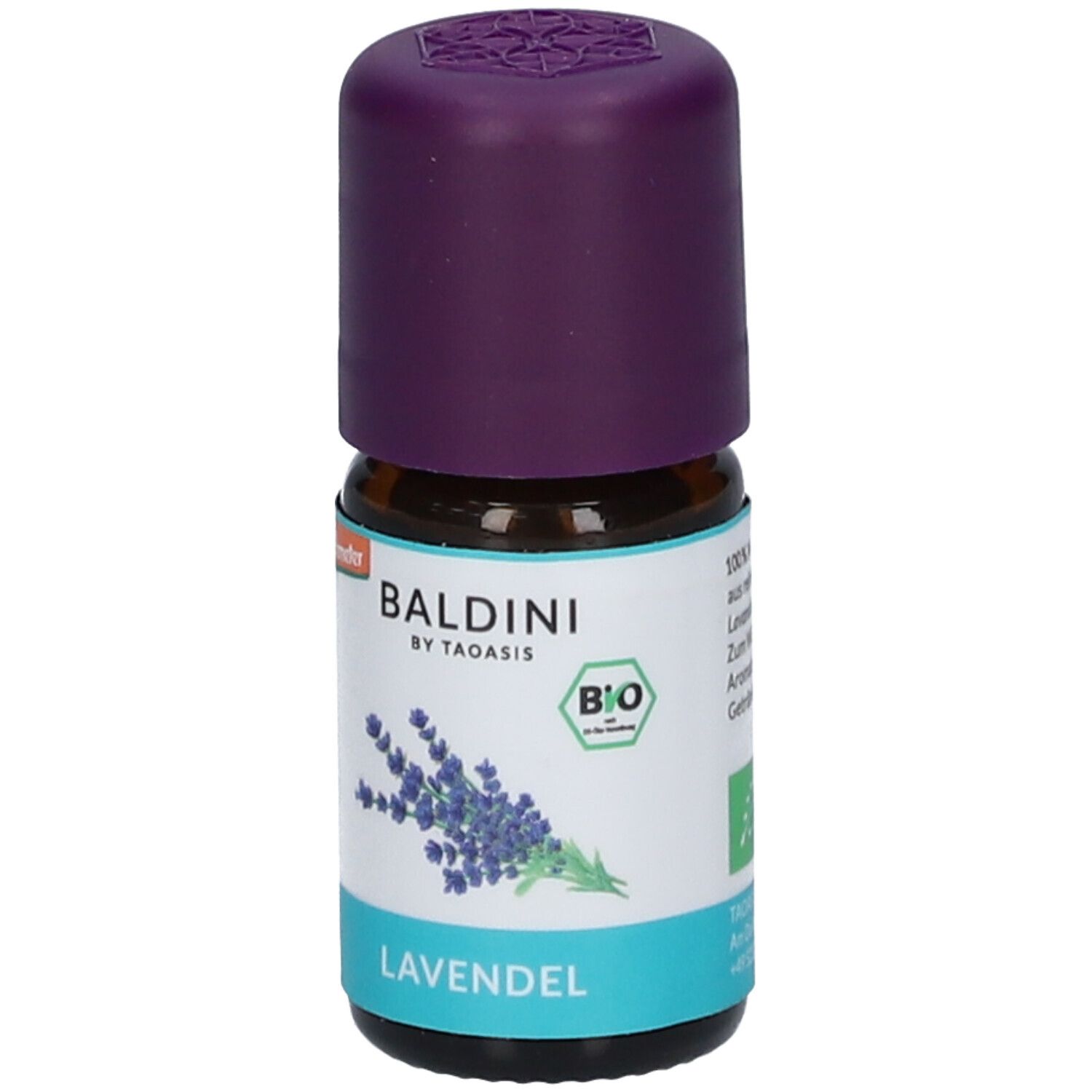 BALDINI Lavendel Aromaöl Flasche mit lila Verschluss und Lavendelmotiv.