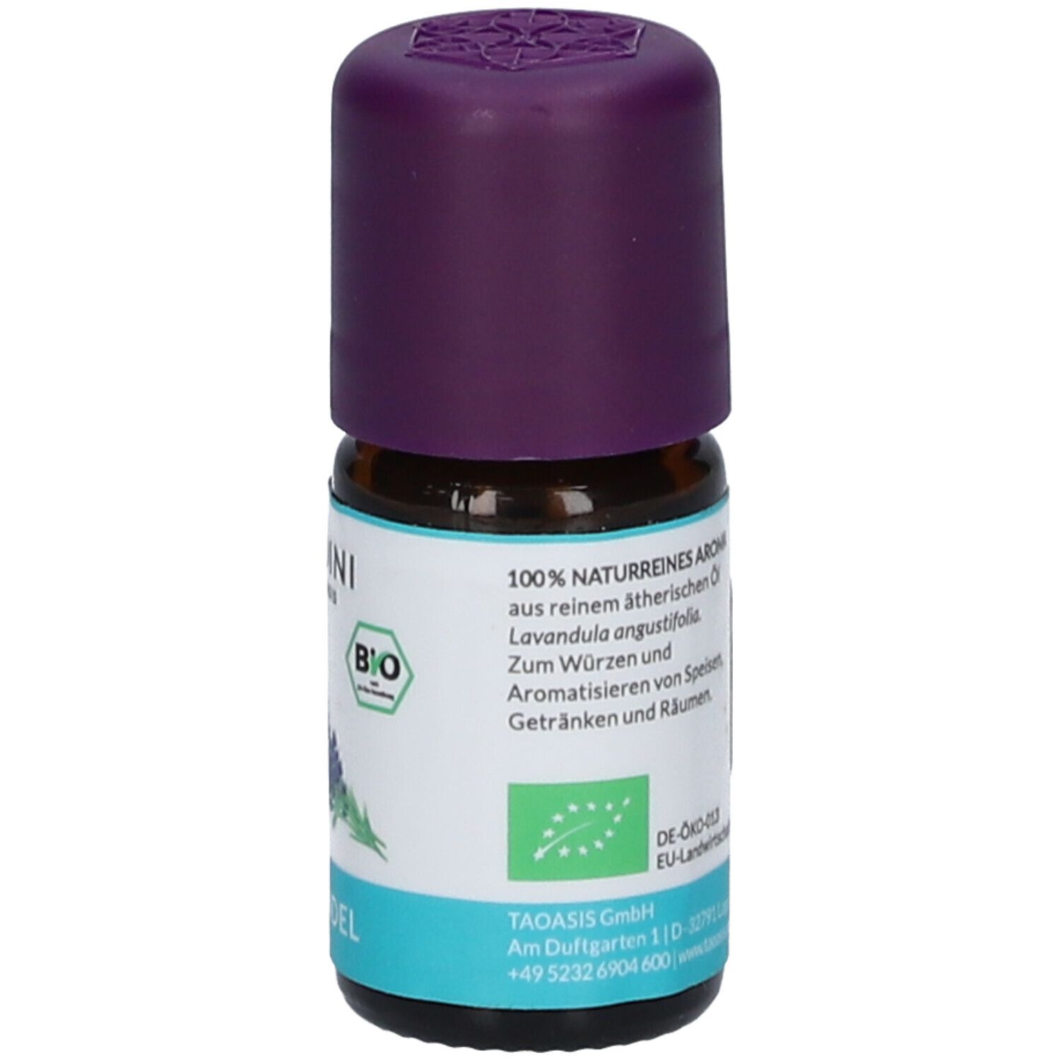 BALDINI Lavendel Aromaöl Flasche, Rückseite mit Bio-Siegel und EU-Landwirtschaft Hinweis.
