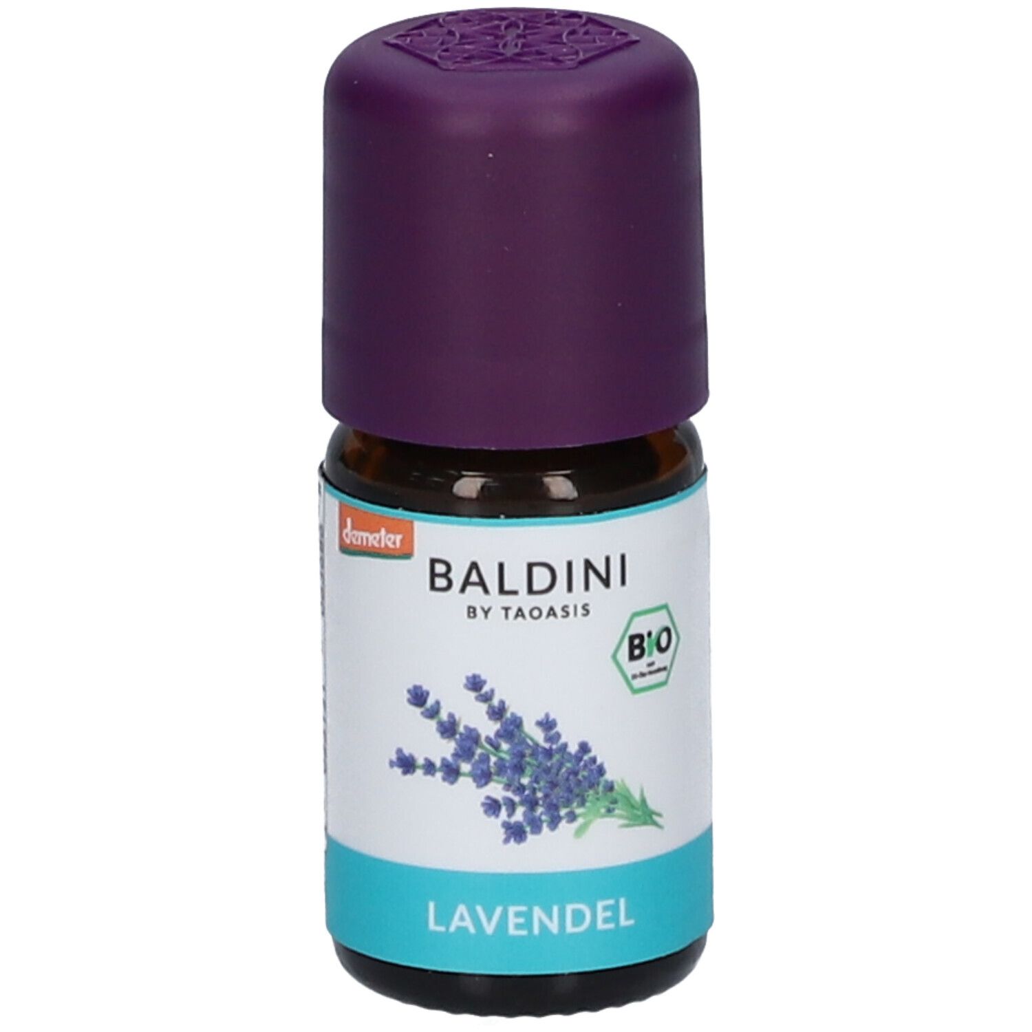 BALDINI Lavendel Aromaöl Flasche mit lila Verschluss und Lavendelmotiv.