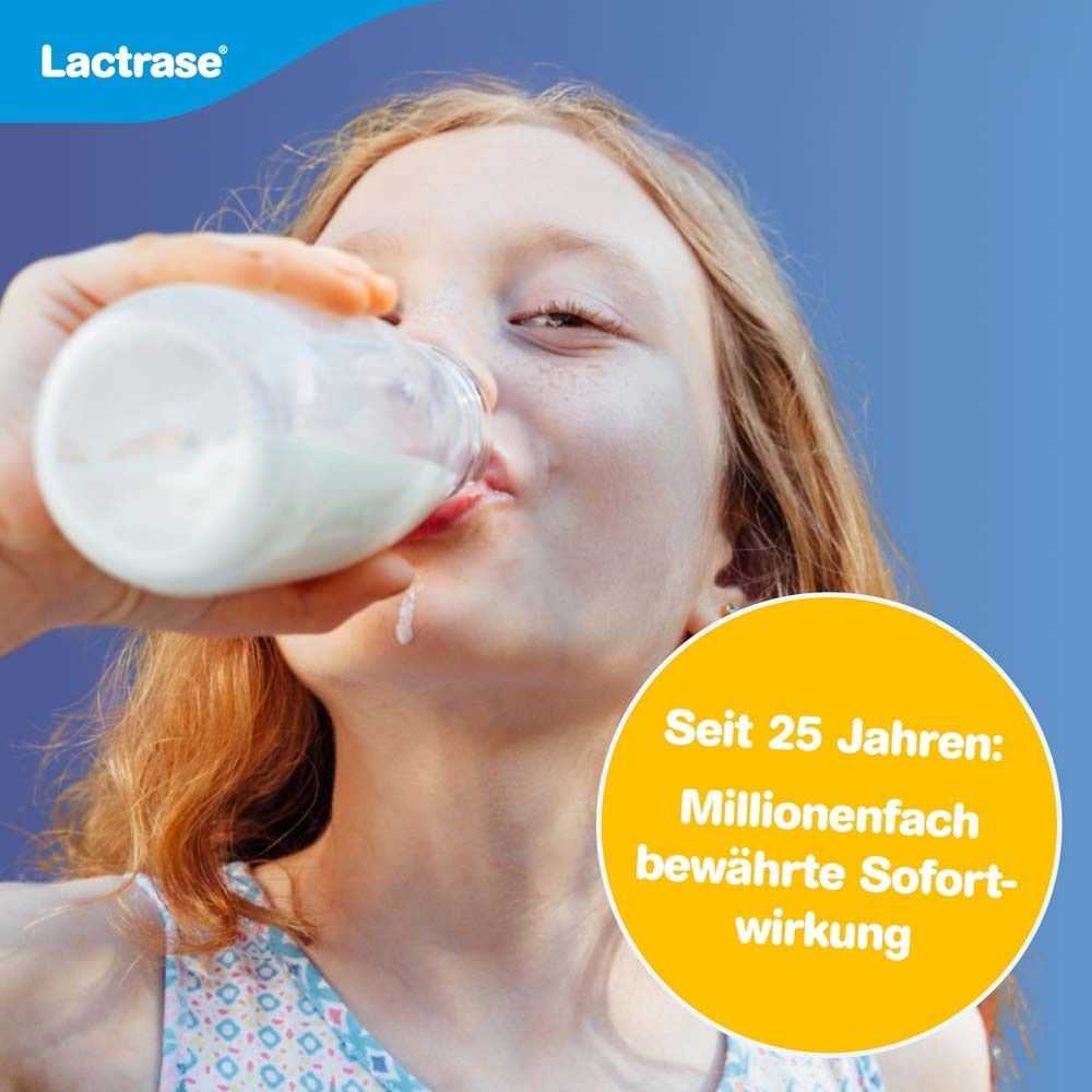 Fille boit du lait. Texte: Depuis 25 ans: effet immédiat éprouvé des millions de fois. Logo Lactrase®.