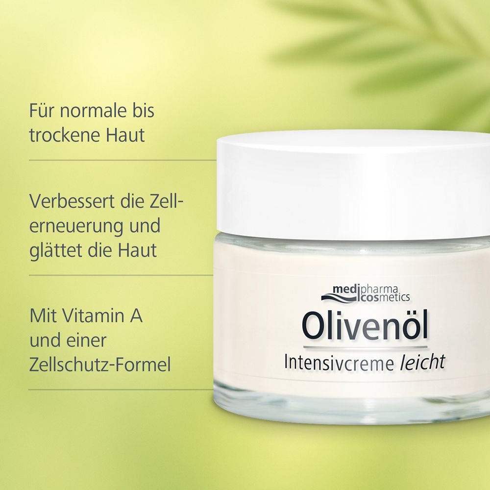 Pot de crème avec couvercle blanc. Inscription Olivenöl Intensivcreme leicht. Texte pour peaux normales à sèches. Logo medipharma cosmetics.