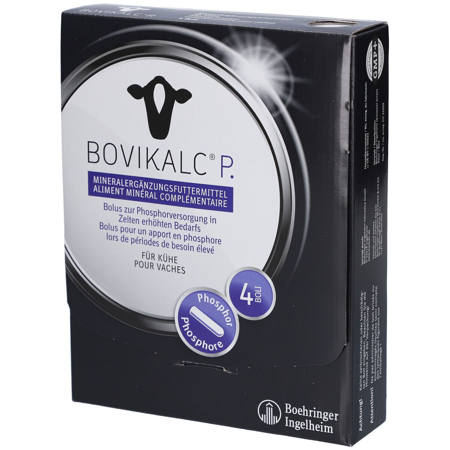 Boîte noire BOVIKALC® P, complément minéral. Contient 4 bolus. Logo Boehringer Ingelheim.