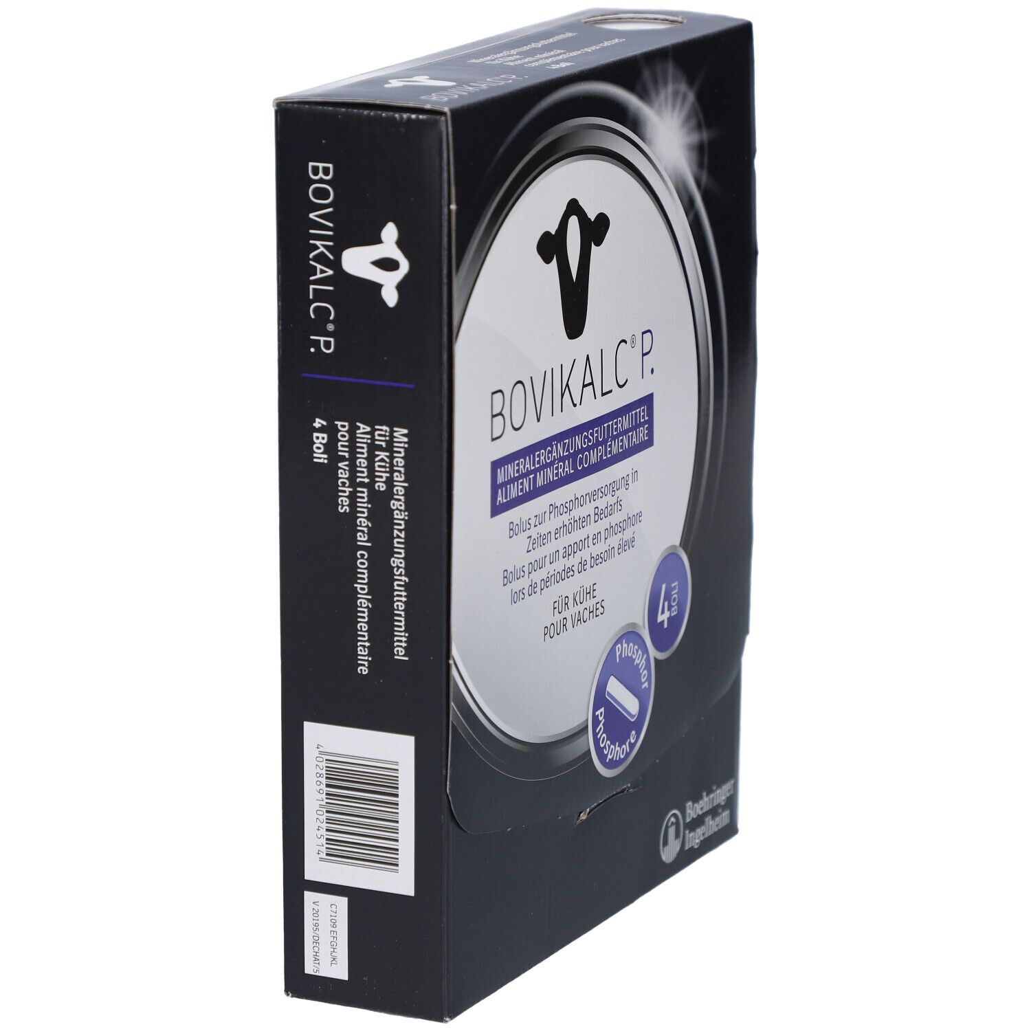 Vue latérale de la boîte noire BOVIKALC® P. Complément minéral pour vaches. Contient 4 bolus.