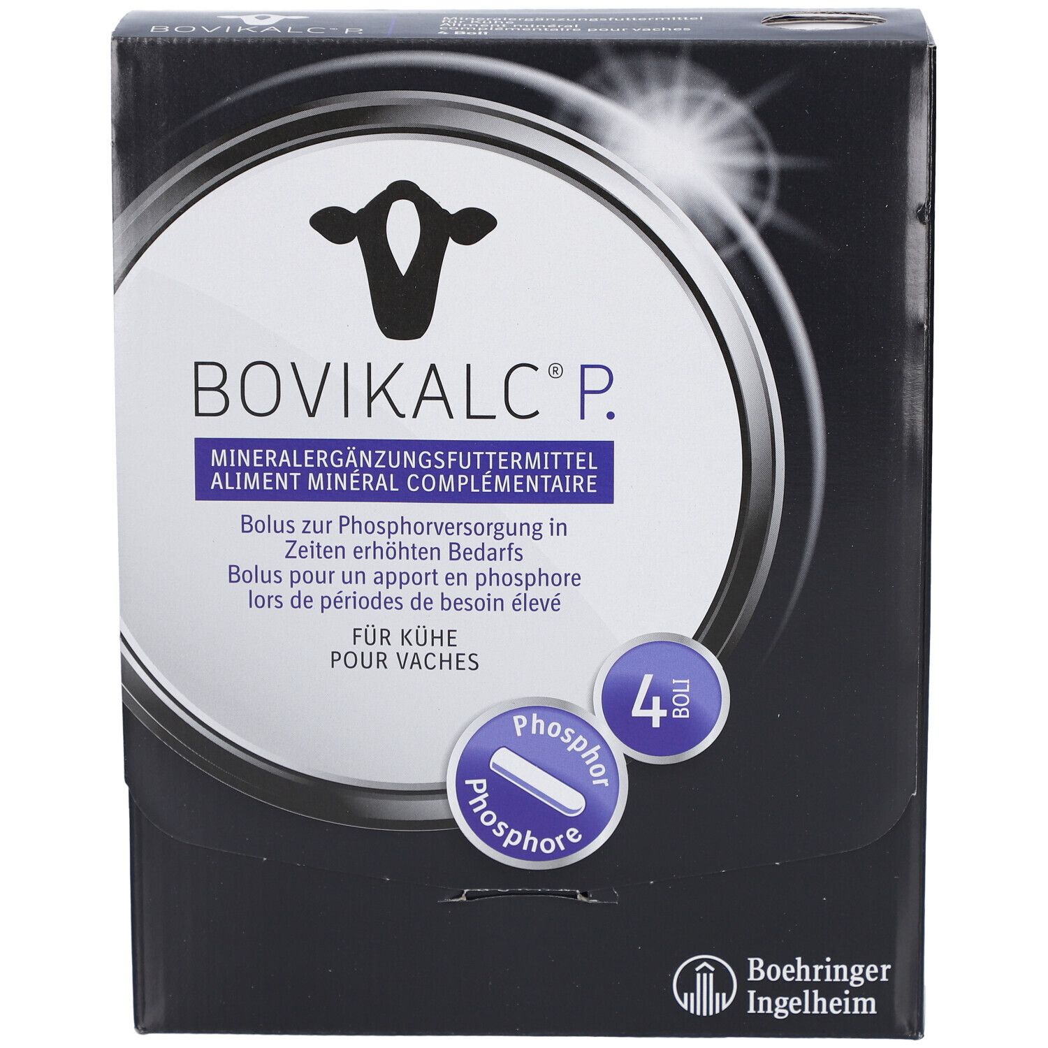 Boîte noire BOVIKALC® P. Complément minéral pour vaches. Contient 4 bolus. Logo Boehringer Ingelheim.