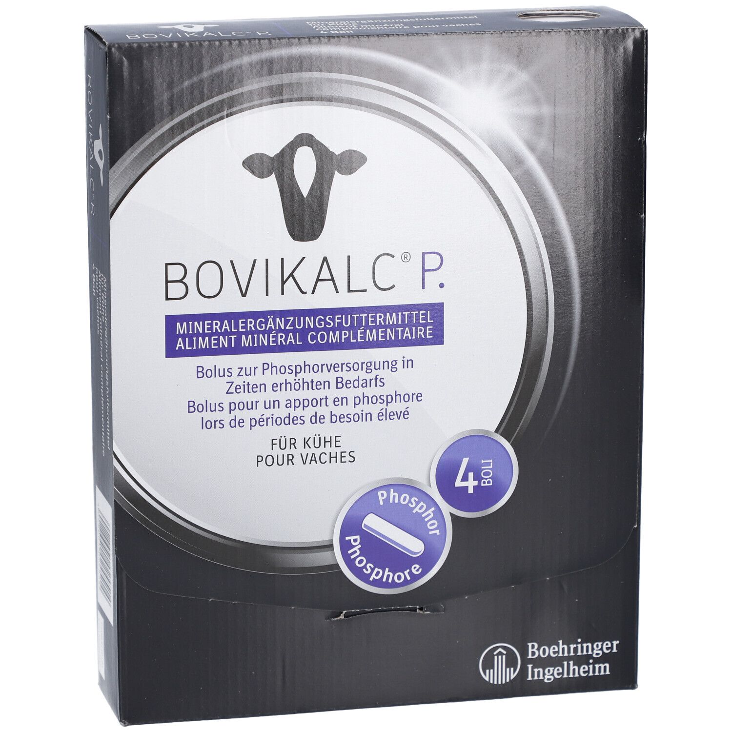 Boîte noire BOVIKALC® P. Complément minéral pour vaches. Contient 4 bolus. Logo Boehringer Ingelheim.