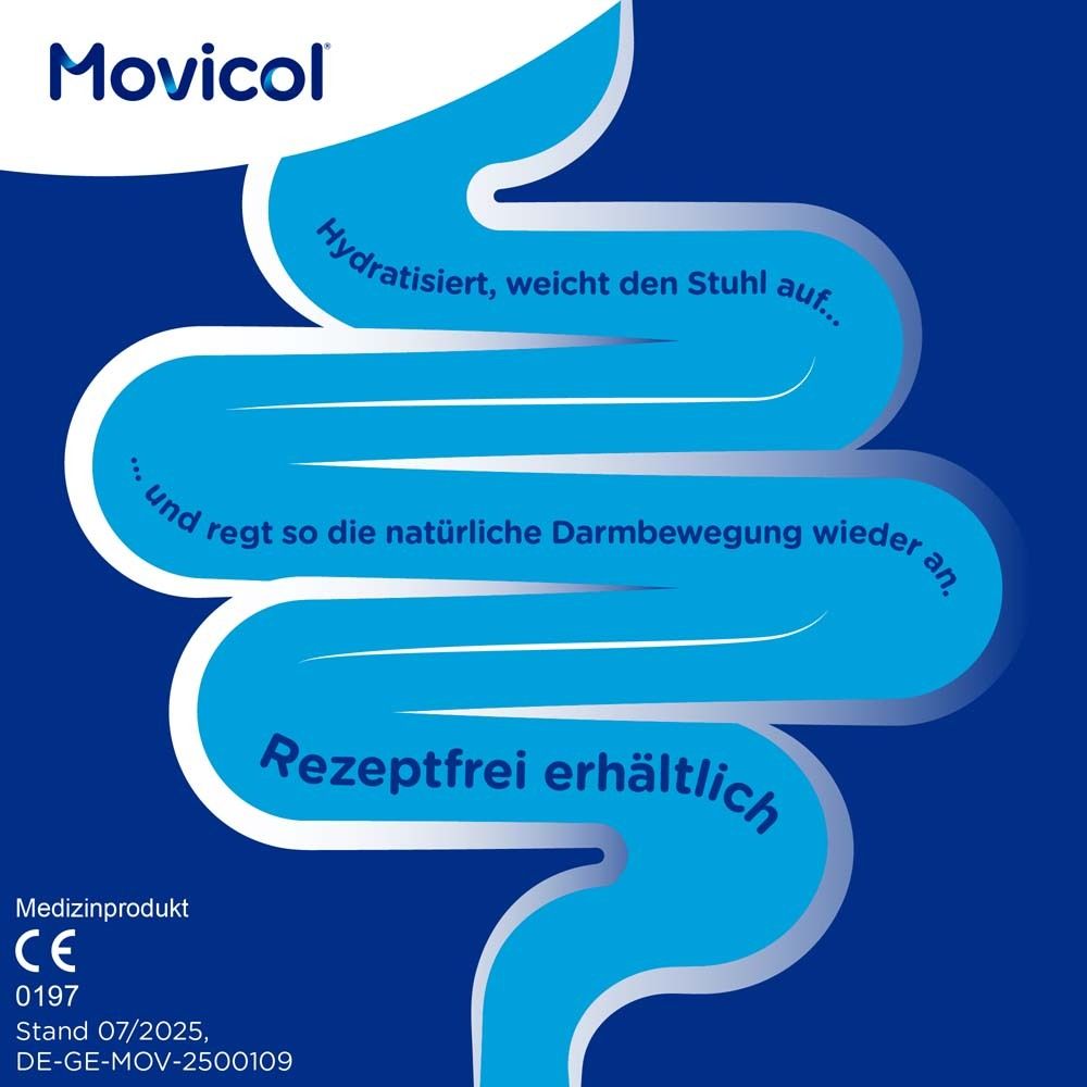 Grafische Darstellung des Darms. Text: Rezeptfrei erhältlich. Medizinprodukt. Text: Hydratisiert, weicht den Stuhl auf...