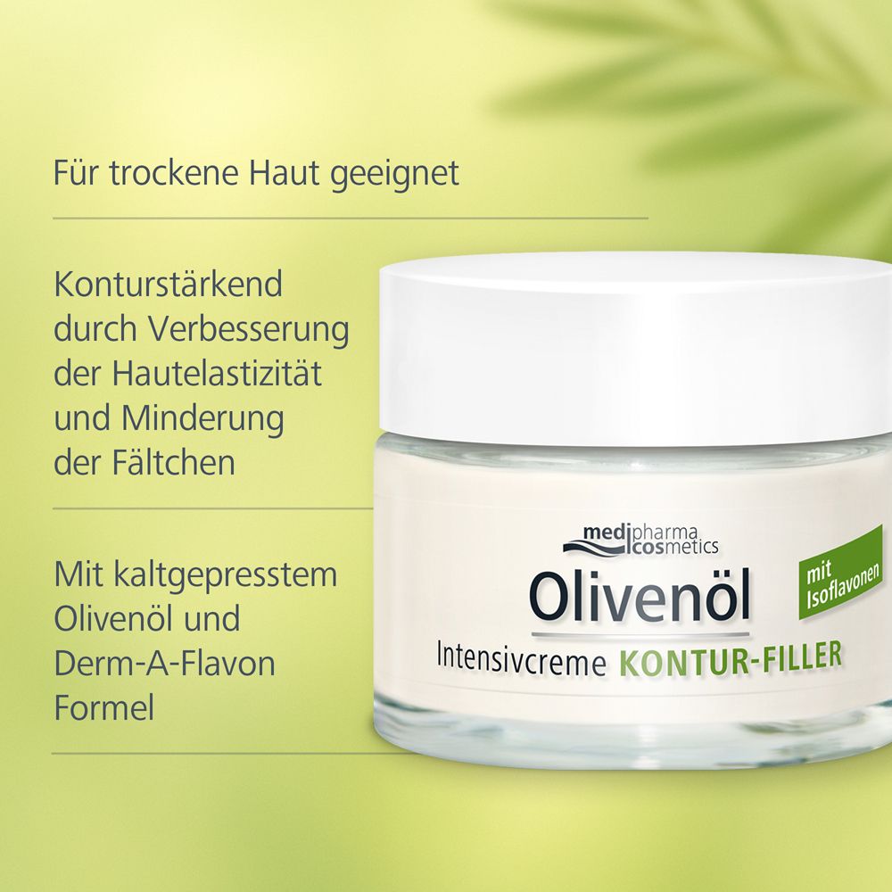 Pot de crème avec informations sur le produit. Marque : medipharma cosmetics. Produit : Olivenöl Intensivcreme Kontur-Filler.