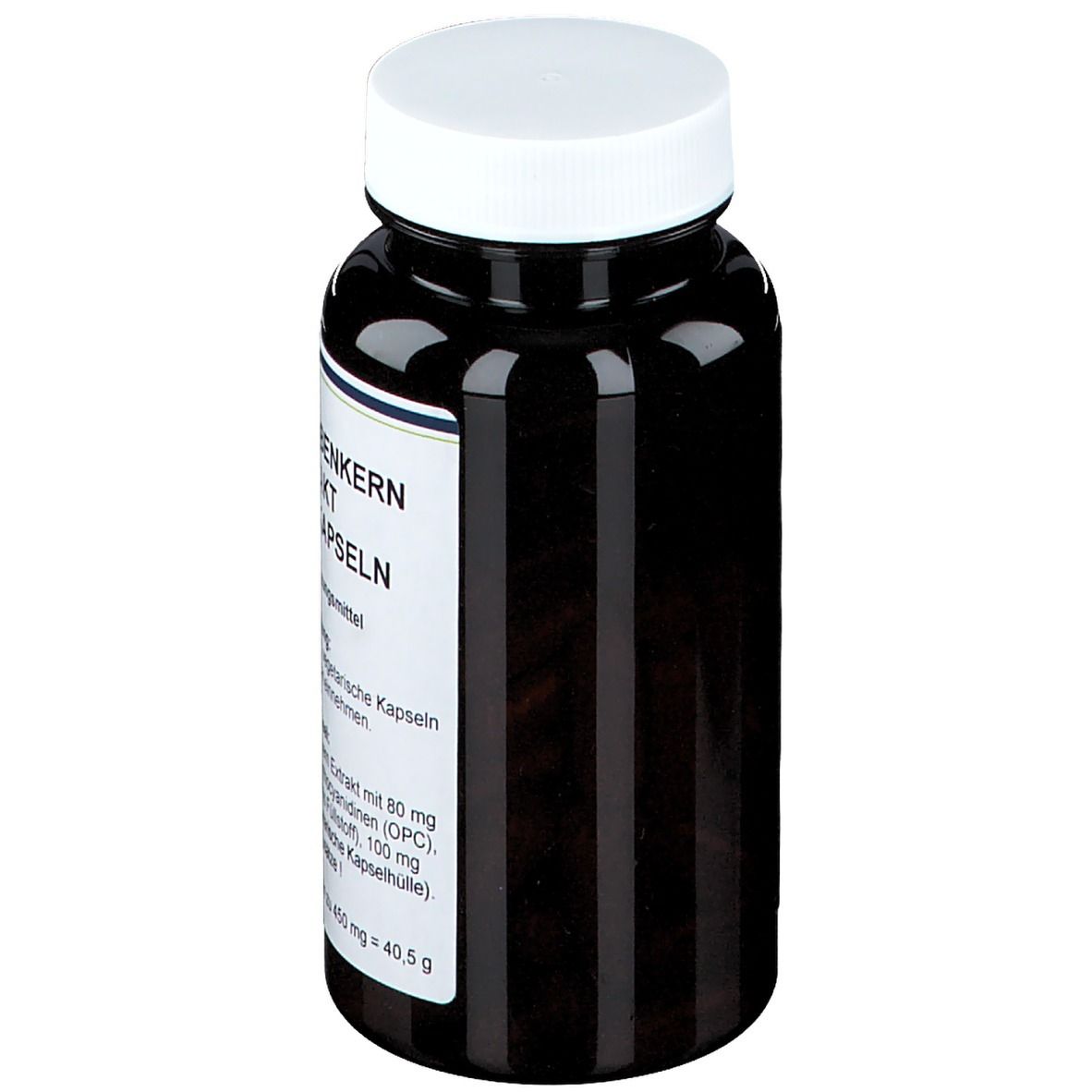 Dunkle Flasche mit weißem Deckel. Etikett mit Produktinformationen. Aufschrift: Traubenkern Extrakt OPC Kapseln.