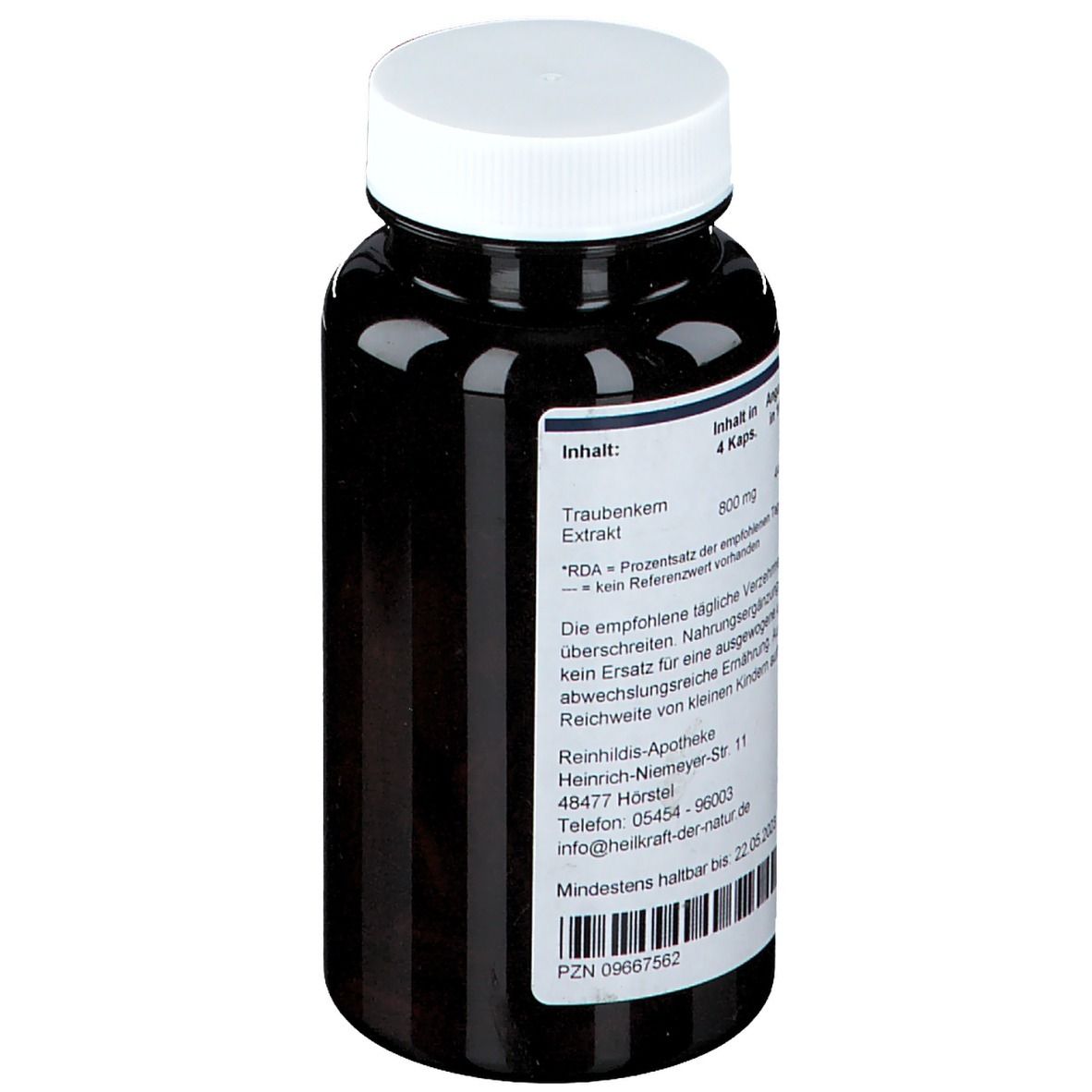 Dunkle Flasche mit weißem Deckel. Etikett mit Produktinformationen. Aufschrift: Traubenkern Extrakt OPC Kapseln.