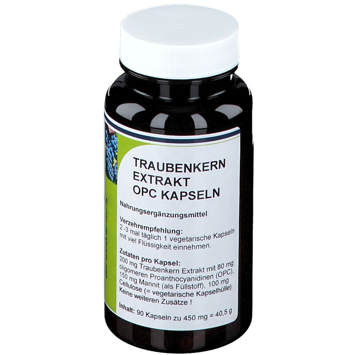 Dunkle Flasche mit weißem Deckel. Auf dem Etikett steht: Traubenkern Extrakt OPC Kapseln. 90 Kapseln.