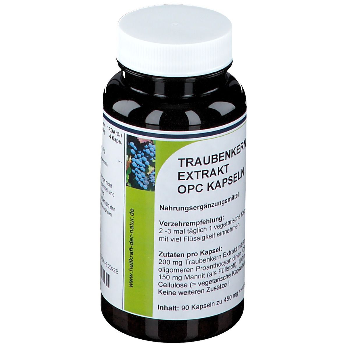 Dunkle Flasche mit weißem Deckel. Auf dem Etikett steht: Traubenkern Extrakt OPC Kapseln. 90 Kapseln.