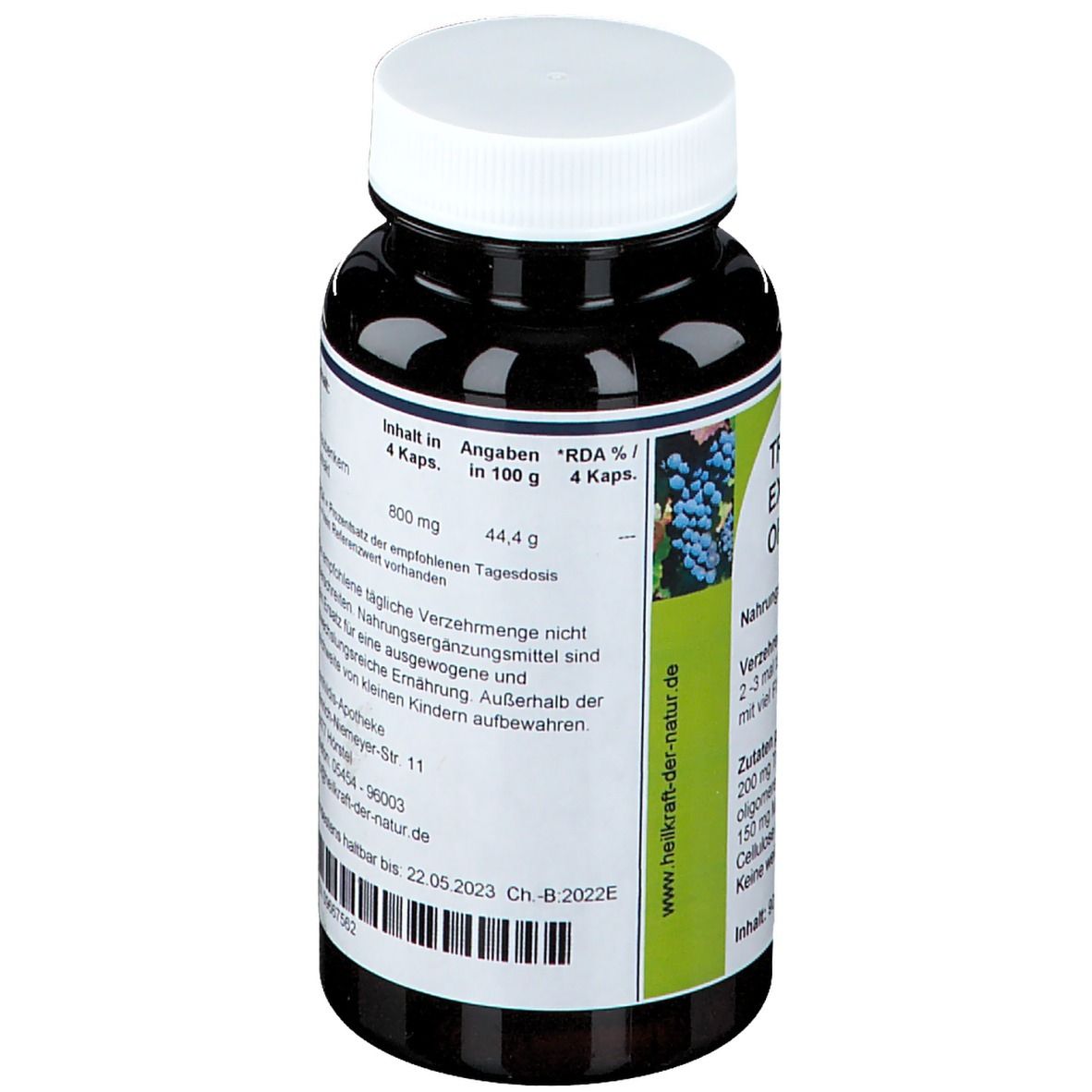 Dunkle Flasche mit weißem Deckel. Etikett mit Produktinformationen. Aufschrift: Traubenkern Extrakt OPC Kapseln.