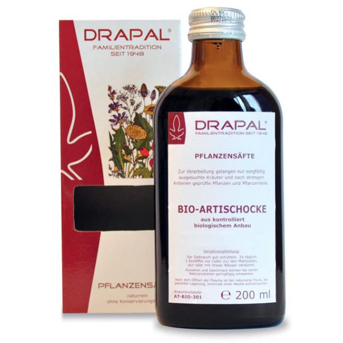 Braune Glasflasche mit silbernem Deckel und Etikett. Daneben Karton mit Produktinformationen. Aufschrift: DRAPAL Bio-Artischocke.