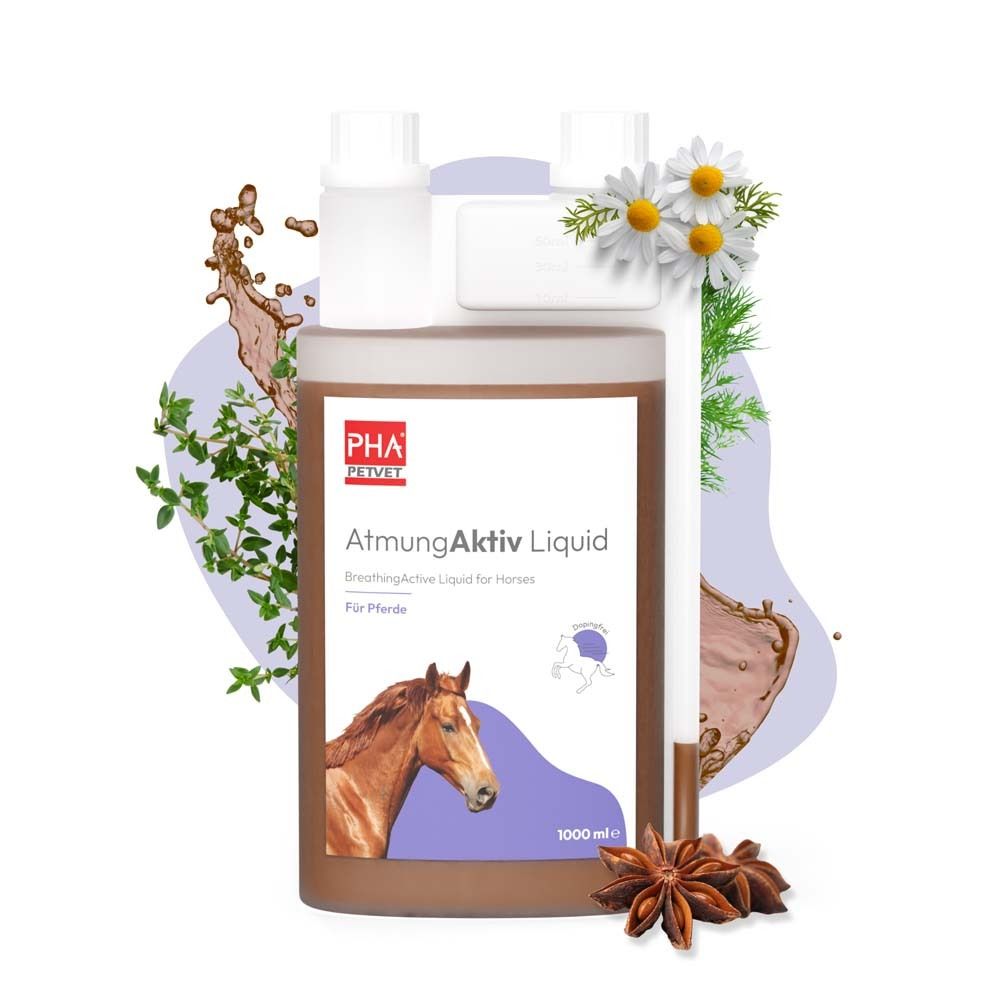 PHA AtmungAktiv Liquid pour chevaux. Produit avec herbes et camomille. 1000 ml.